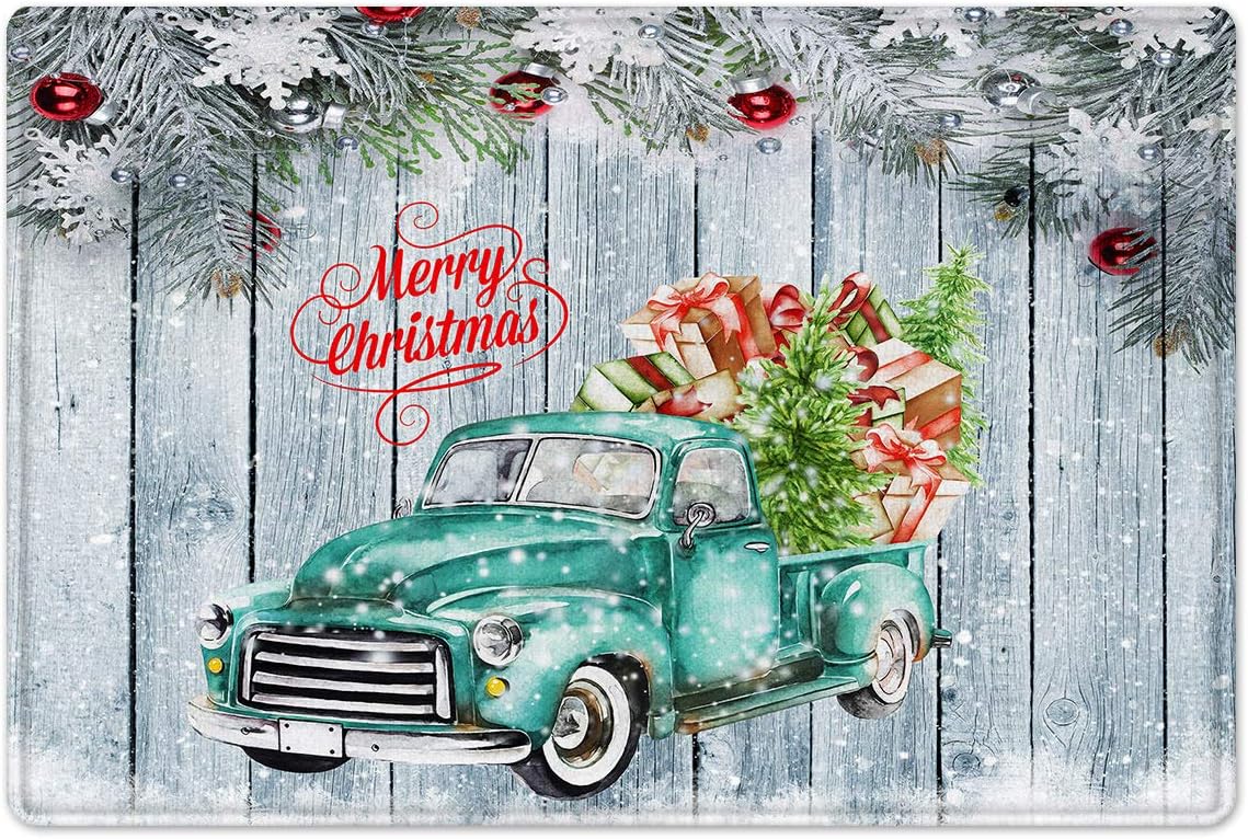 HVEST Christmas Bath Mat Farmhouse Green Truck and Xmas