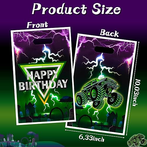 Miniatura 2 de 50 bolsas de regalo de camión monstruo verde y morado, bolsas de fiesta de camión monstruo, bolsas de dulces con temática de dulces, bolsas de