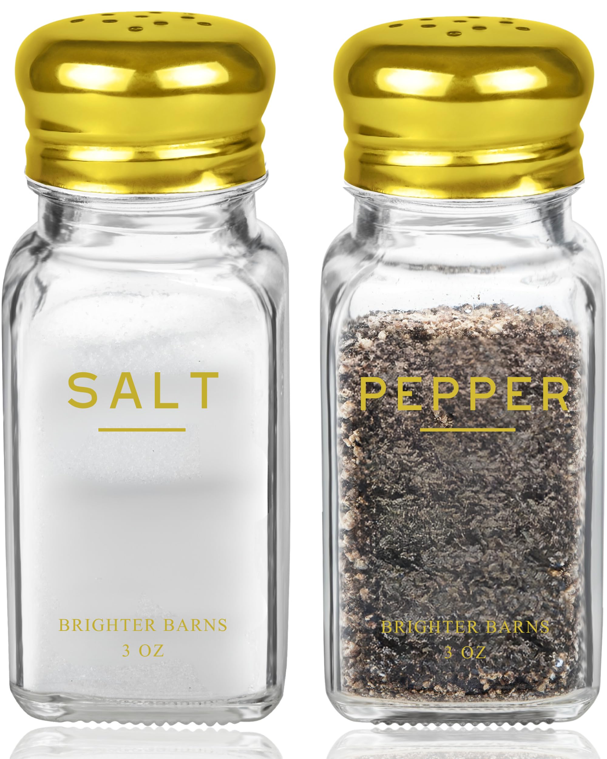 Gold Salt and Pepper Shakers Set by Brighter Barns - Gold Kitchen Decor & Accessories - Neutral Minimal Decor - Modern Glass Shakers with Stainless Steel Lids for Home, Restaurants