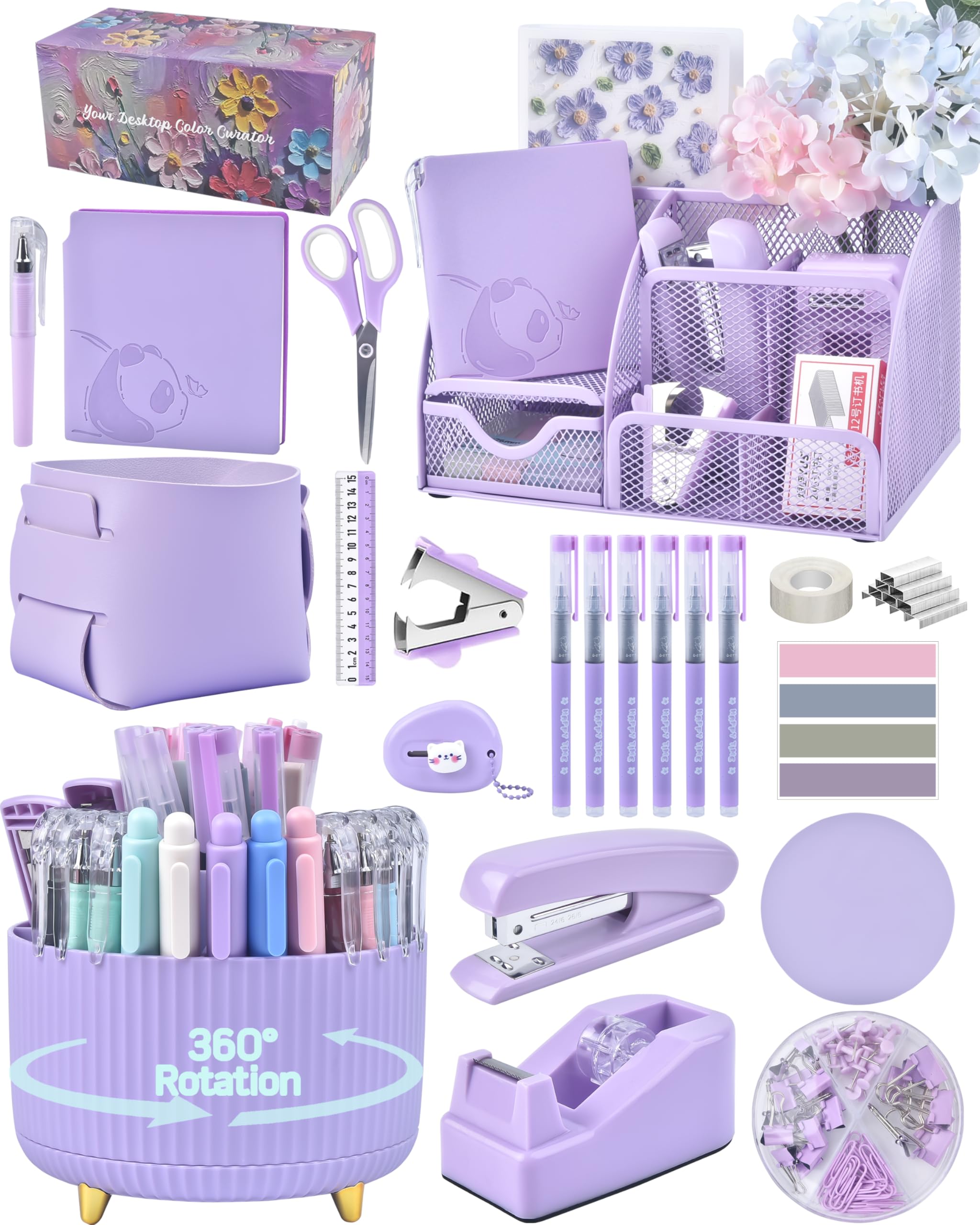 Accessori da scrivania viola e organizer con organizer da scrivania e portapenne girevole a 360° e un sacco di forniture per ufficio viola splendidamente presentato in una confezione regalo