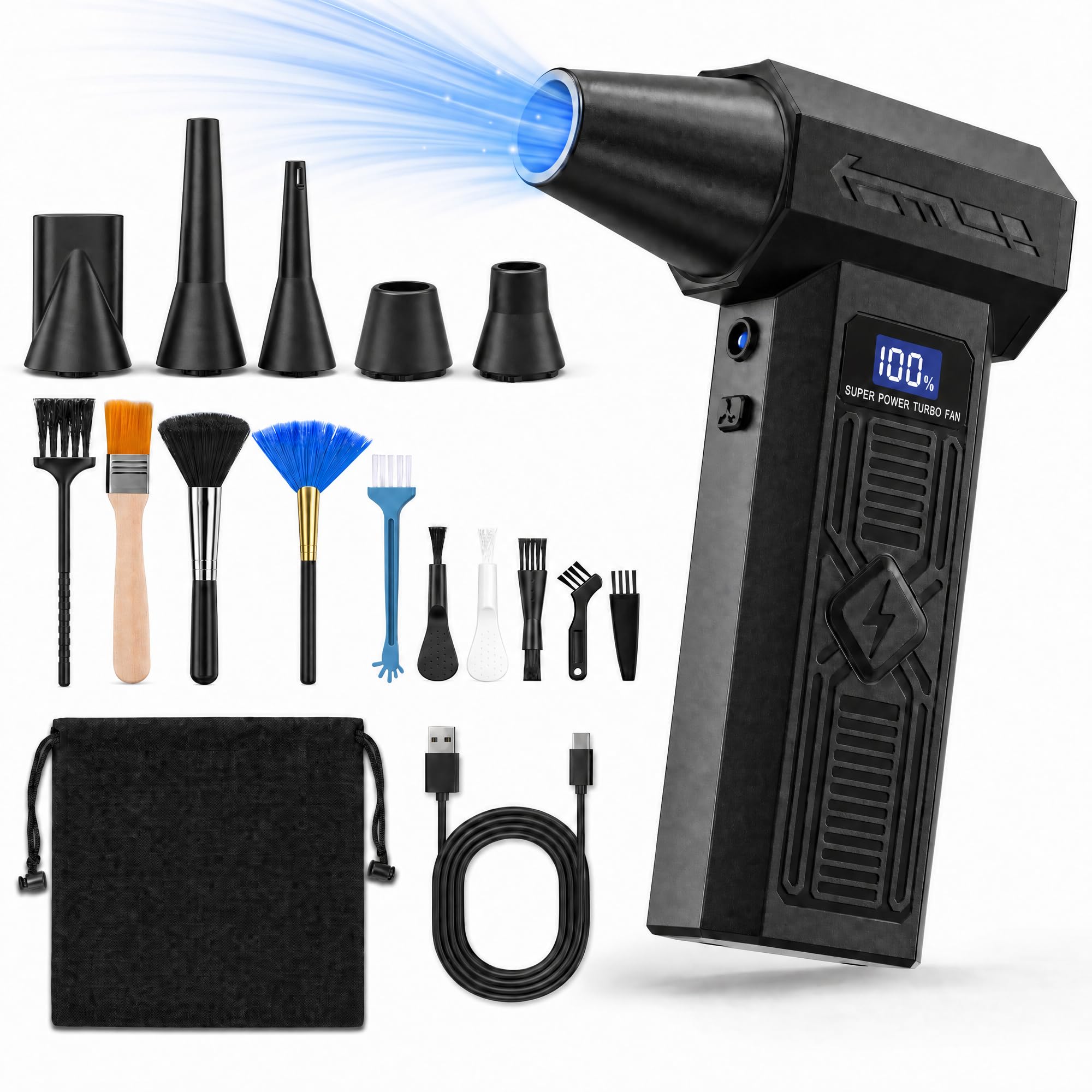 Soffiatore Aria Elettrico 120000 RPM, Aria Compressa Elettrica | Ricaricabile 5200 mAh, Motore Brushless, 4 Velocità, Display LED, Kit Pulizia PC per Tastiera, Computer ed Elettronica