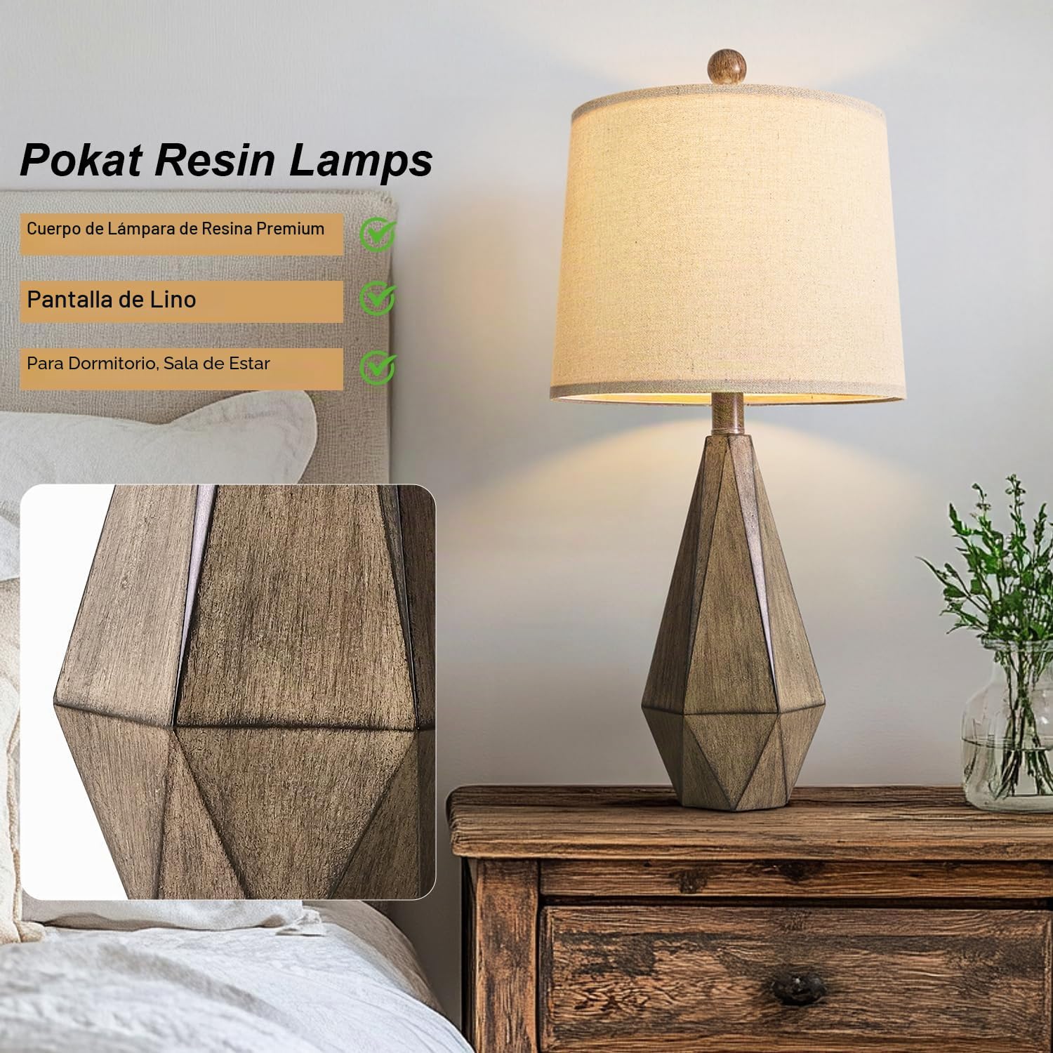 PoKat - Juego de 2 lámparas de mesa de granja de 58,4 cm, lámparas rústicas marrones para salón, dormitorio, mesitas de noche, lámparas de mesa de salón para mesa auxiliar, grano de madera oscura