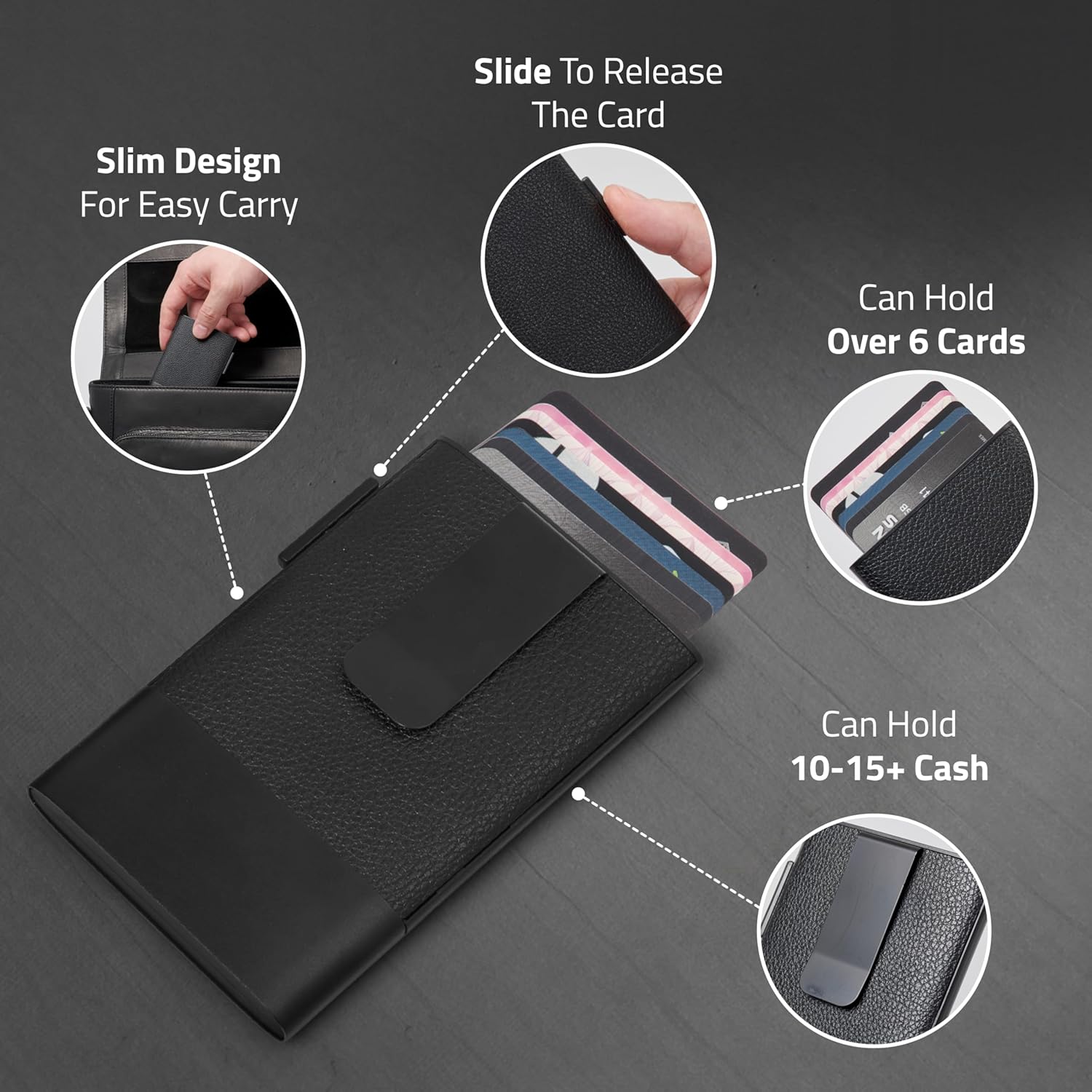 Fidelo Minimalist Men's Wallet with Money Clip - Leather & Aluminum Construction Clip Wallet - Durable Best Front Pocket Wallets For Men, Trigger Spring Cards Money Holder - Black - Image 5