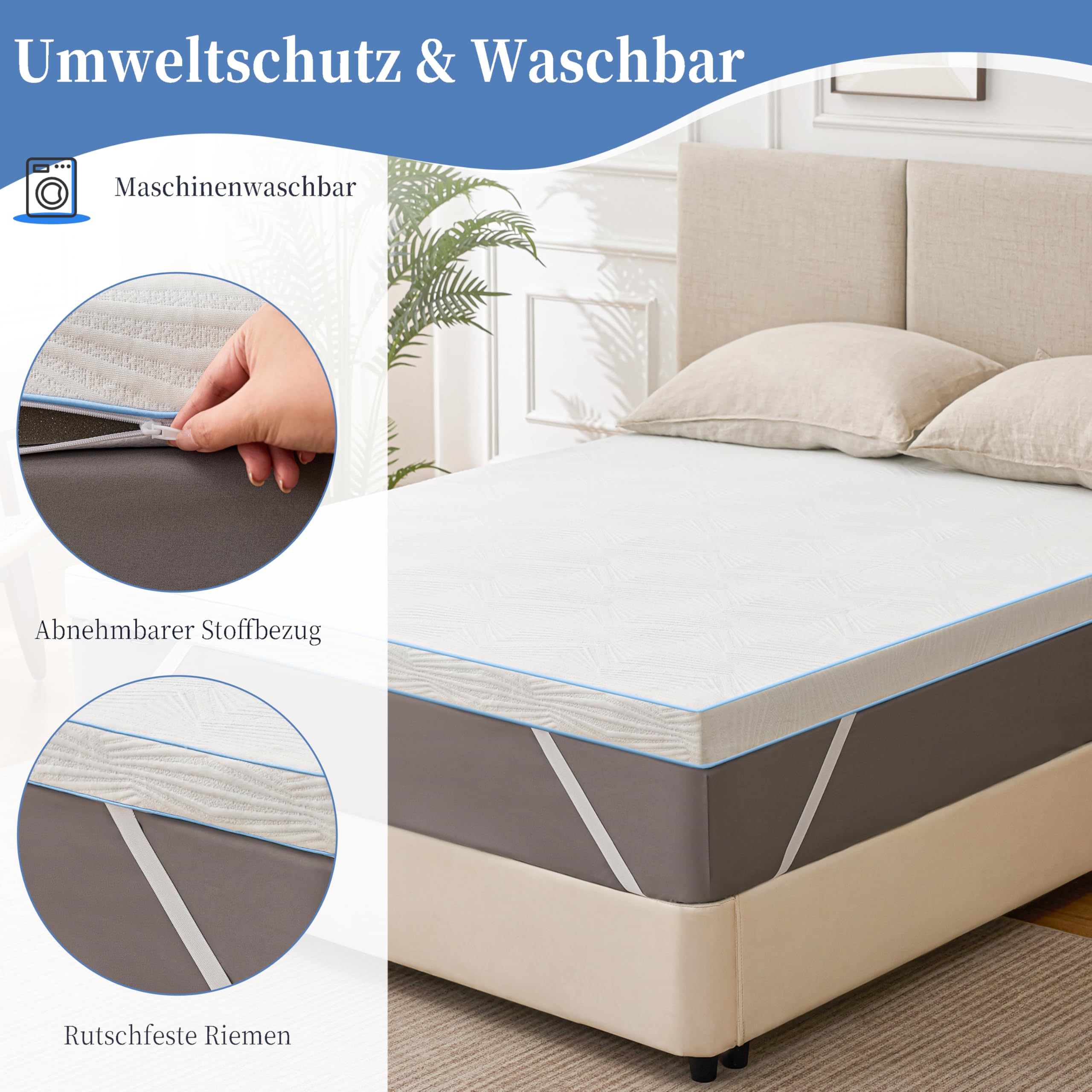 Surmatelas 90x200cm H3-7,5cm en Mousse à Mémoire & Mousse à Froid, Certifié Oeko-TEX®, Housse Amovible, Antidérapant, Antiallergique, Silencieux & Respirant
