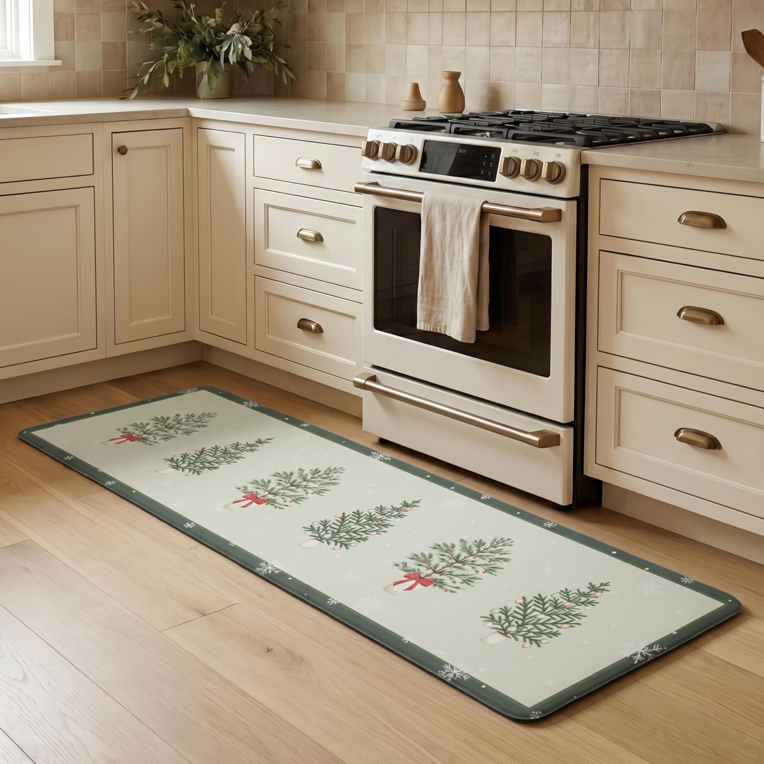 Laura Ashley Chritmas Hollybrook Anti Fatigue Kitchen Mat, Non Slip Cushioned Comfort Floor Mat, 17.5"x60", Green