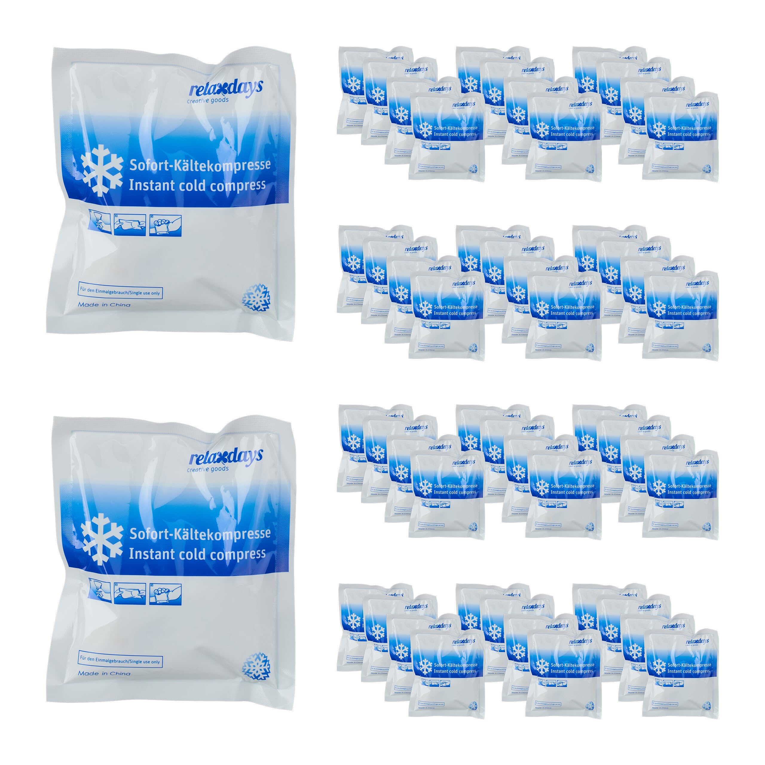 Relaxdays Poches de froid instantané, Lot de 50, Compresses de froid, HxL: 14,5x12,5cm, sport & déplacements, blanc/bleu