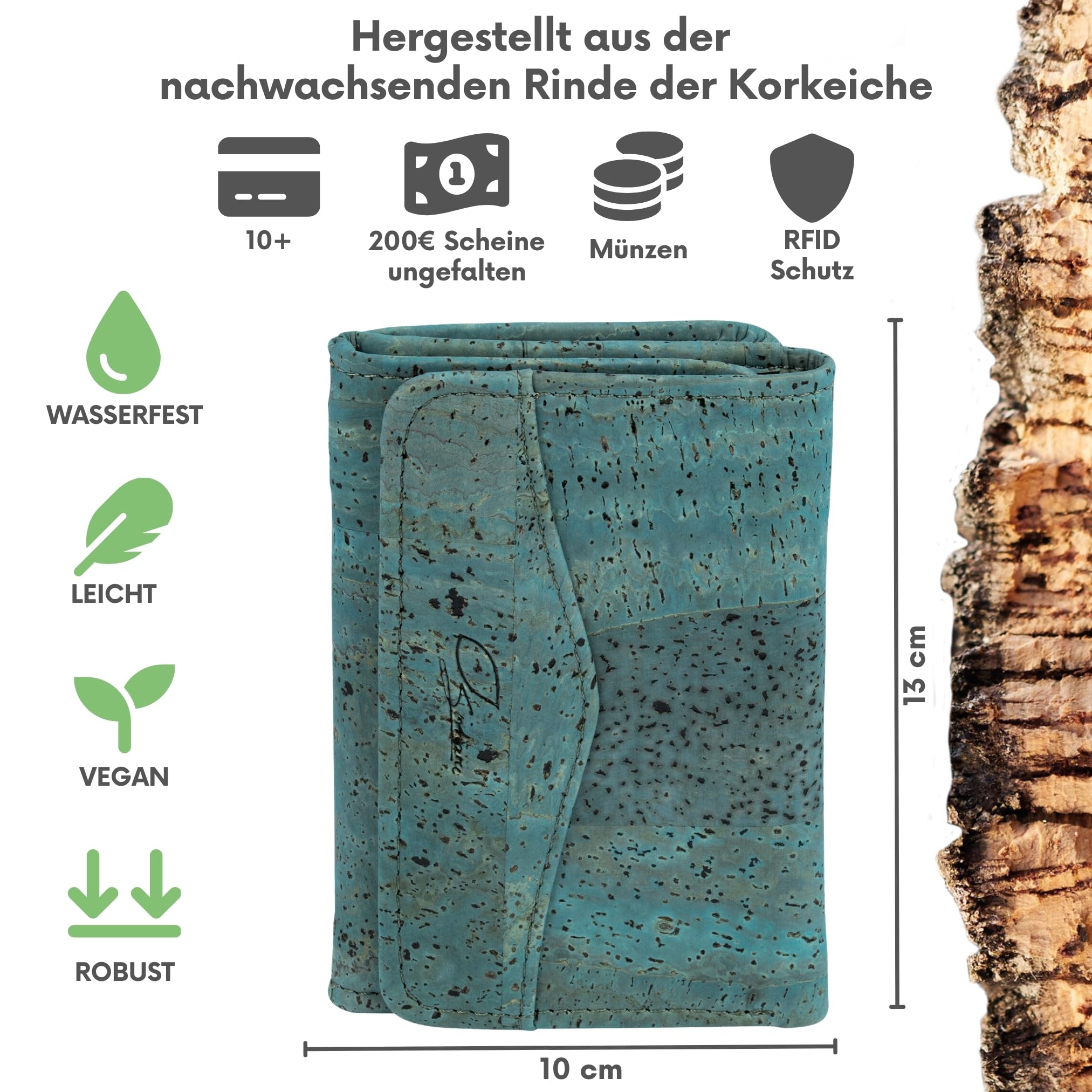 Simaru Damen Geldbörse, Portemonnaie aus Kork, Veganer Damengeldbeutel für 9+Karten, RFID-Schutz, Schein- & Münzfach (Türkis)