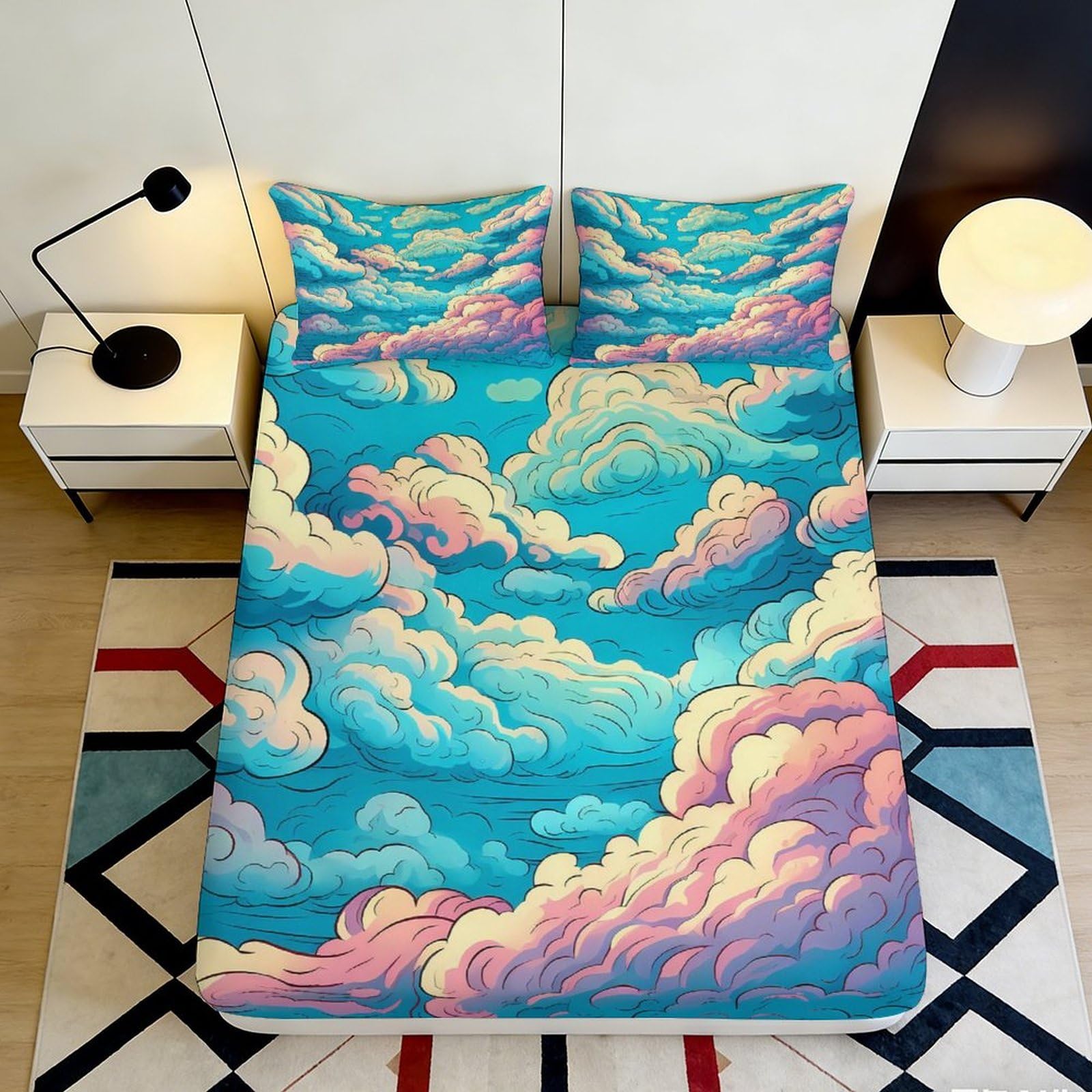 3D Printed Dreamy Cloud Fitted Sheet Microfiber Soft Blue Pink Sky Mattress Cover for Bedroom Dorm Decor 90x200x25cm