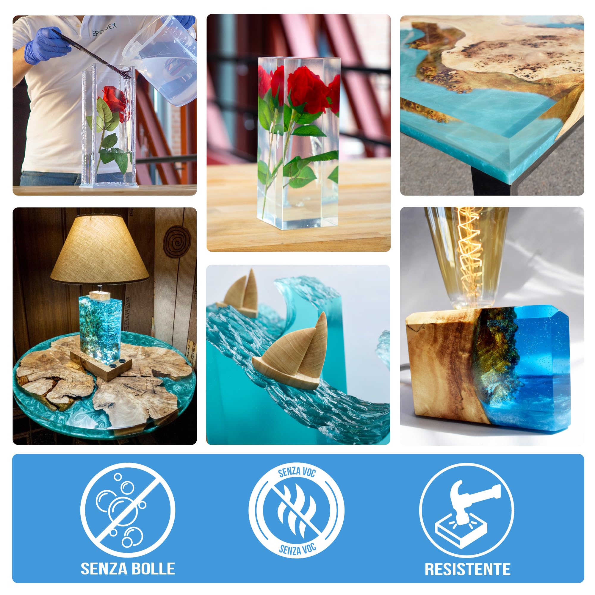 EPODEX Resina Epossidica PRO MAX 10cm, BLUE - Transparent, 3kg | Resina epossidica trasparente kit cristallino, per river table, lampade, stampi alti e progetti ad alto volume