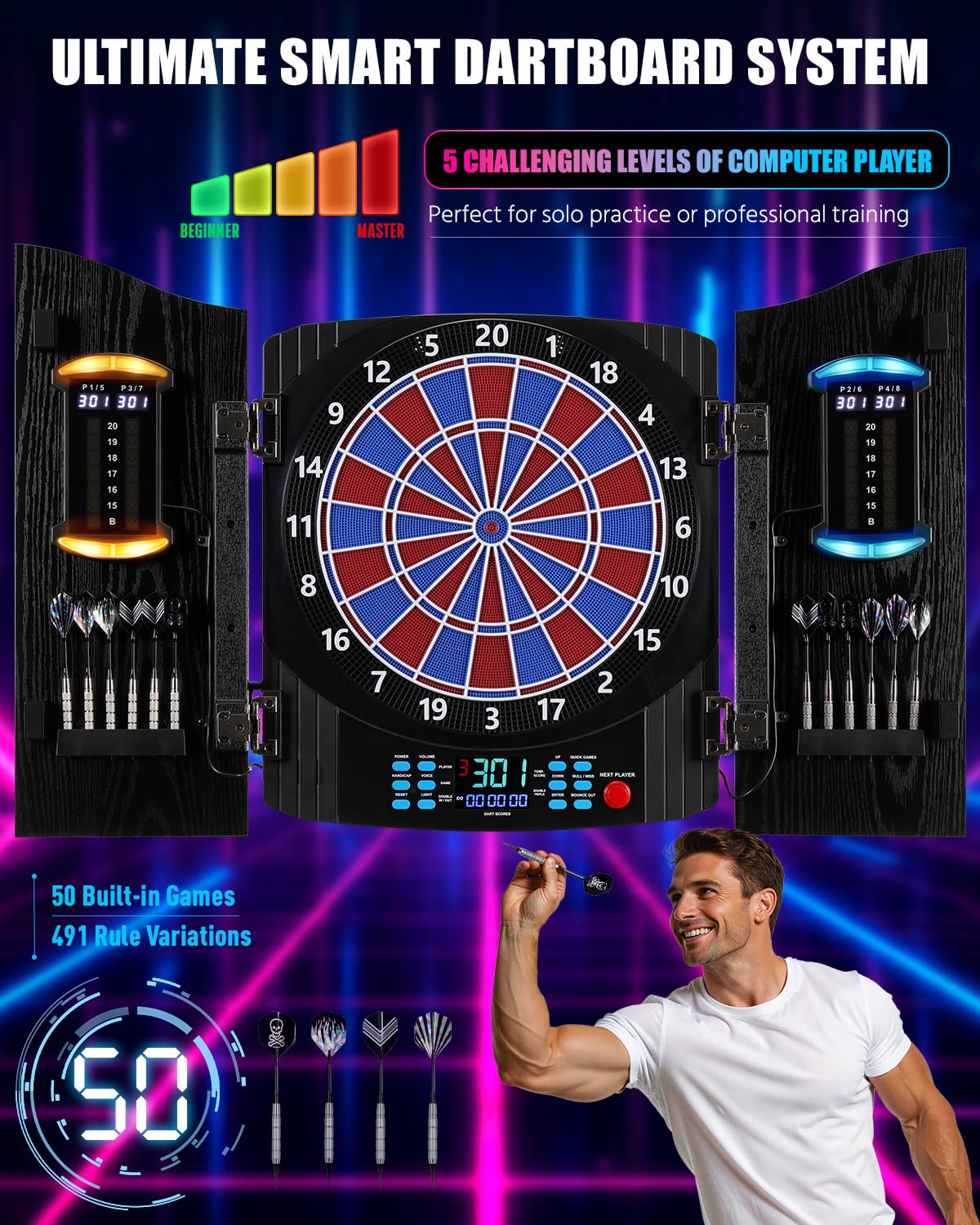 Jeu de Flechette Electronique, [12*Bronze Fléchettes] Cible Flechette Electronique, Armoire à Portes en Bois Rustique, Affichage LED 8 Couleurs, Jeux Flechette pour Maison & Bar - 5