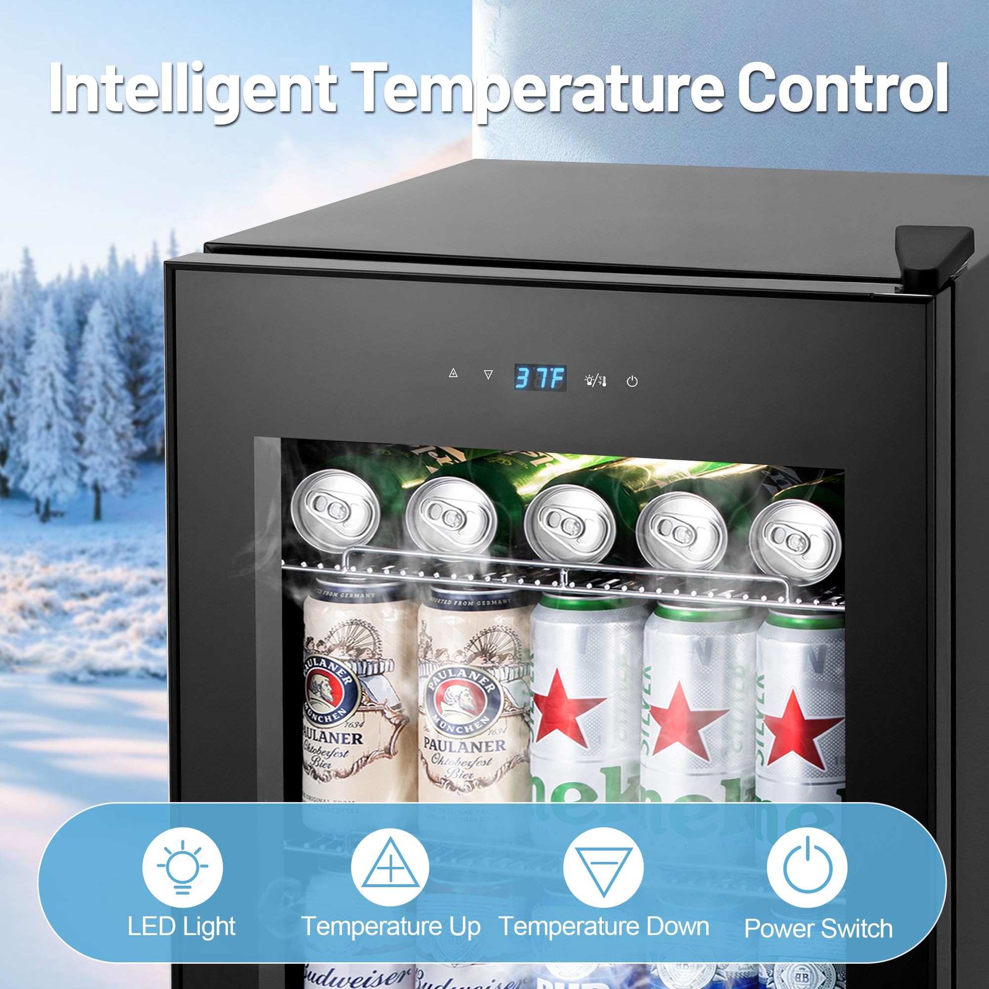 Refrigerador de bebidas, 17 pulgadas, 120 latas, mini refrigerador independiente con puerta de vidrio, estantes ajustables y luz LED, nevera pequeña para bebidas, nevera de cerveza para dormitorio 2