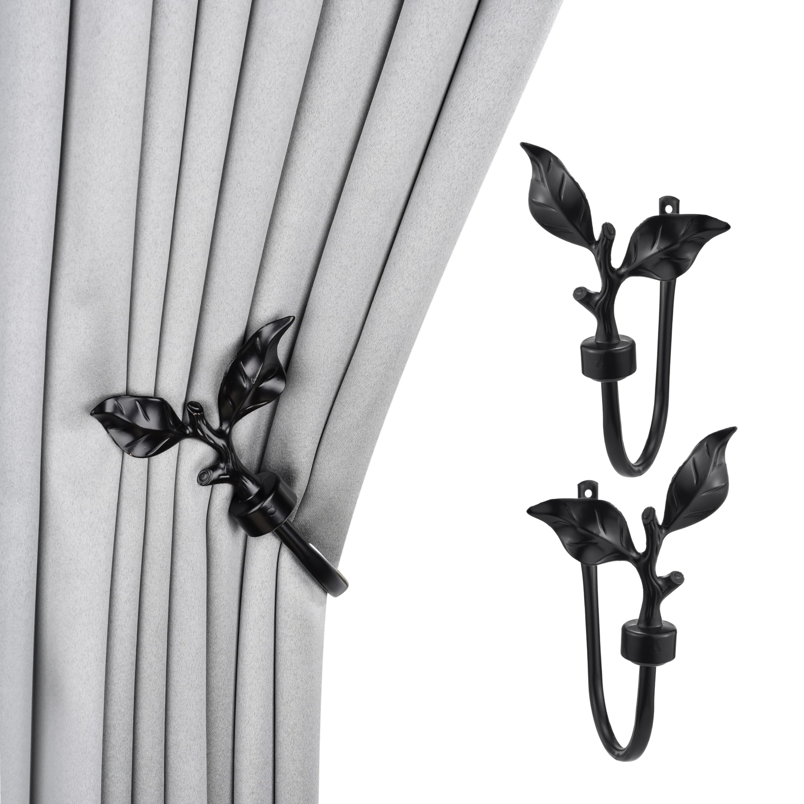 SUQ I OME 1 Pair of Leaf Shaped Curtain Holdbacks Metal Curtain Side Holders for Wall, Antique Brass Curtain Tieback Hook Pull Backs for Drapes Window Home Decoration,Black