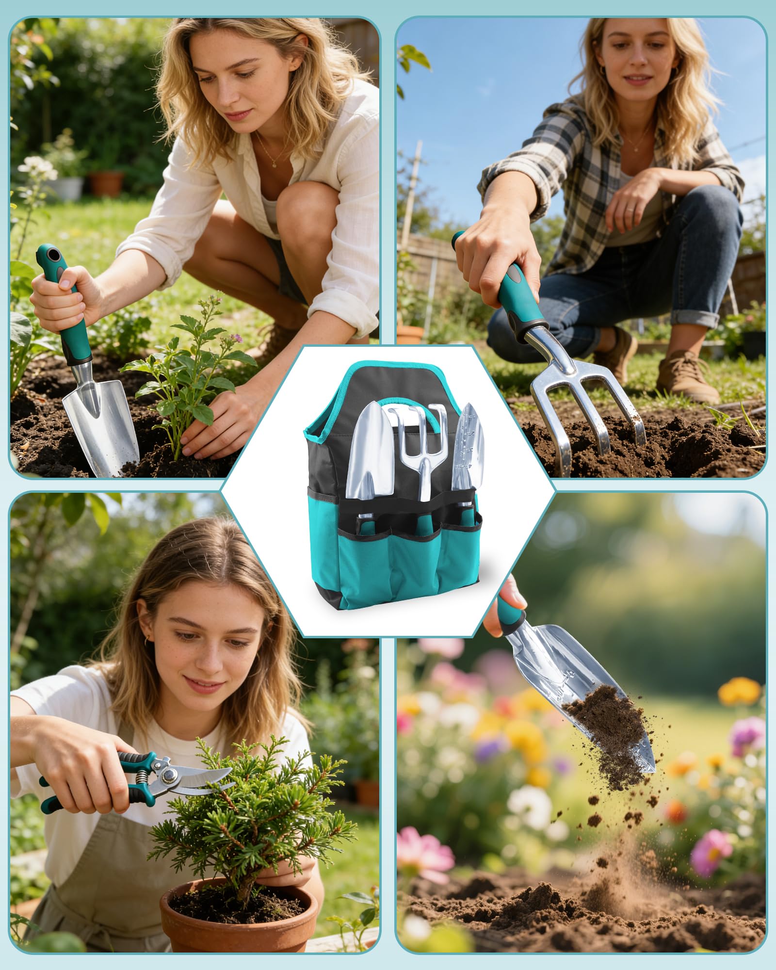 7 Piezas Juego de Herramientas de Jardinería con Mango Ergonómico – Kit de Herramientas de Jardín Anti-Rust con Bolsa de Almacenamiento – Regalo Ideal para Jardinería