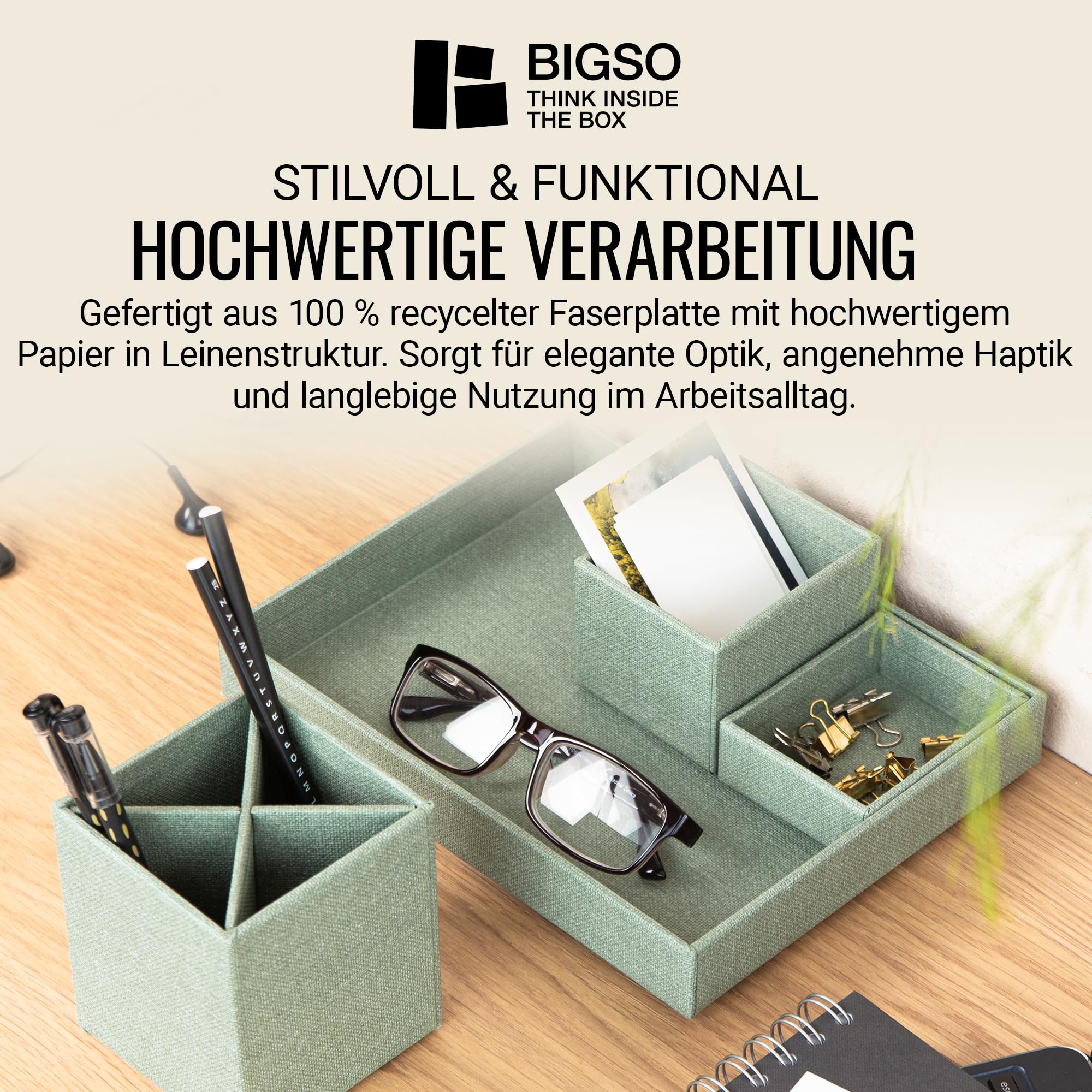 BIGSO BOX OF SWEDEN LENA Schreibtisch Organizer für Stifte, Büroklammern, Haftnotizen usw. – Sortierkasten mit 4 Fächern – Ordnungssystem aus Faserplatte und Papier in Leinenoptik – mintgrün