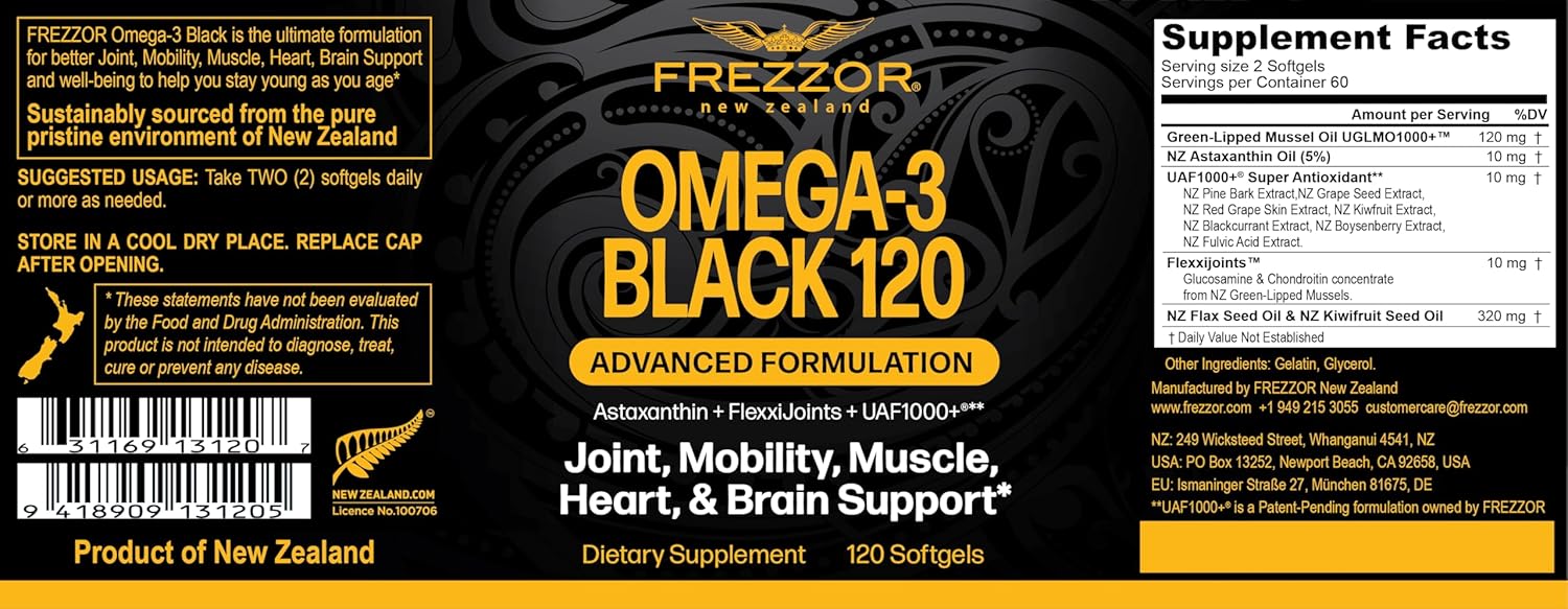 FREZZOR Omega 3 Black - Green Lipped Mussel Oil Capsules, Made in New Zealand, UAF1000+, No Fishy Aftertaste, 120 Count (Pack of 1) - Image 2