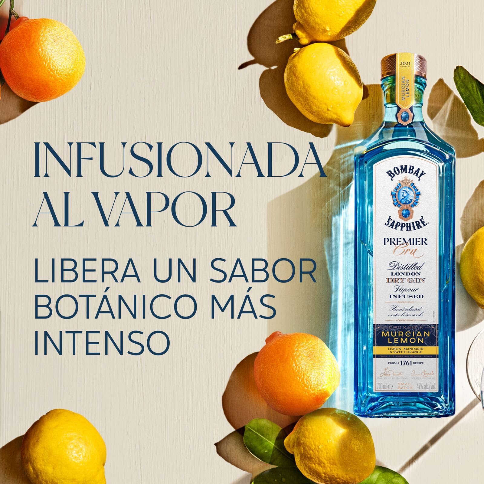 Bombay Sapphire Premier Cru Murcian Lemon London Dry Gin, 47% Vol., 70 cl / 700 ml, bebida espirituosa 100% infusionada al vapor con cítricos recolectados a mano