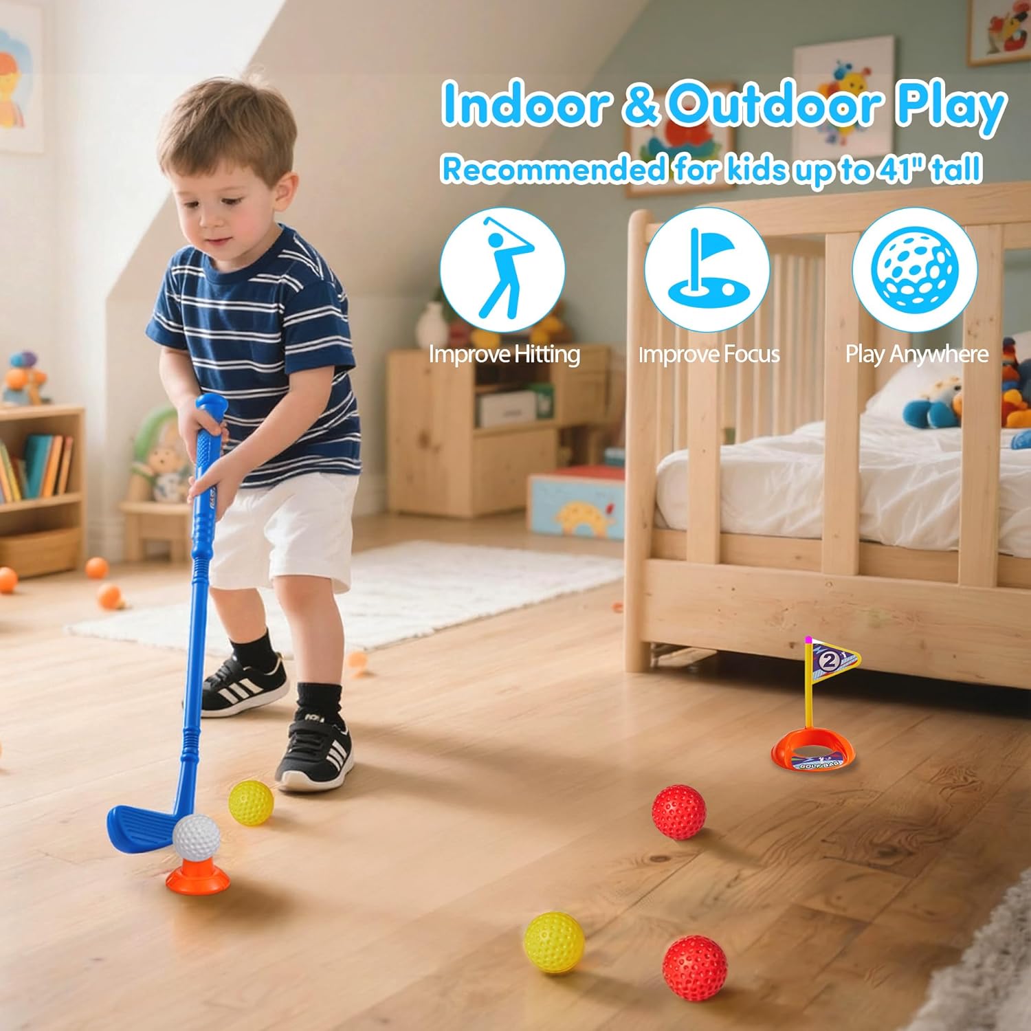 PJG Toddler Golf Set, Plastic Kids Golf Clubs Ages 1 2 3 4 5 Years Old with 4 Golf Clubs and 10 Balls, Indoor and Outdoor Toddler Golf Toys with Cart for Boys and Girls Birthday (Blue) - Image 5