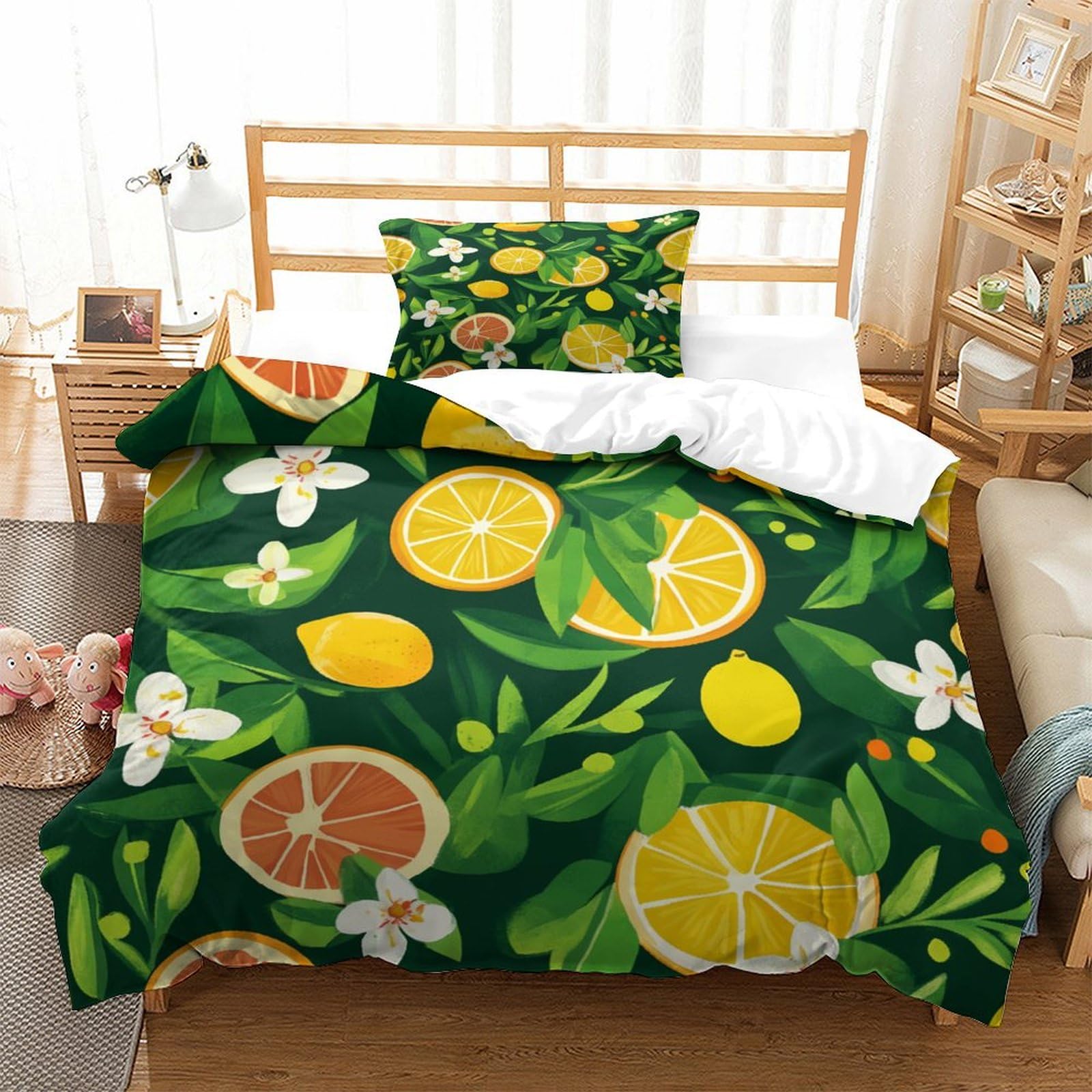 P1s9u7w5y Lemon-1-1 Refreshing Lemon Citrus 3D Printed Duvet Cover Set 3Pcs Microfiber Fruit Bedding Set Single（135X200cm）