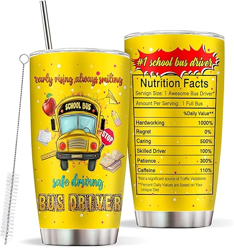 Regalos para conductor de autobús escolar, vaso de autobús escolar con popote y tapa, 20 onzas, regalo de agradecimiento al mejor conductor de