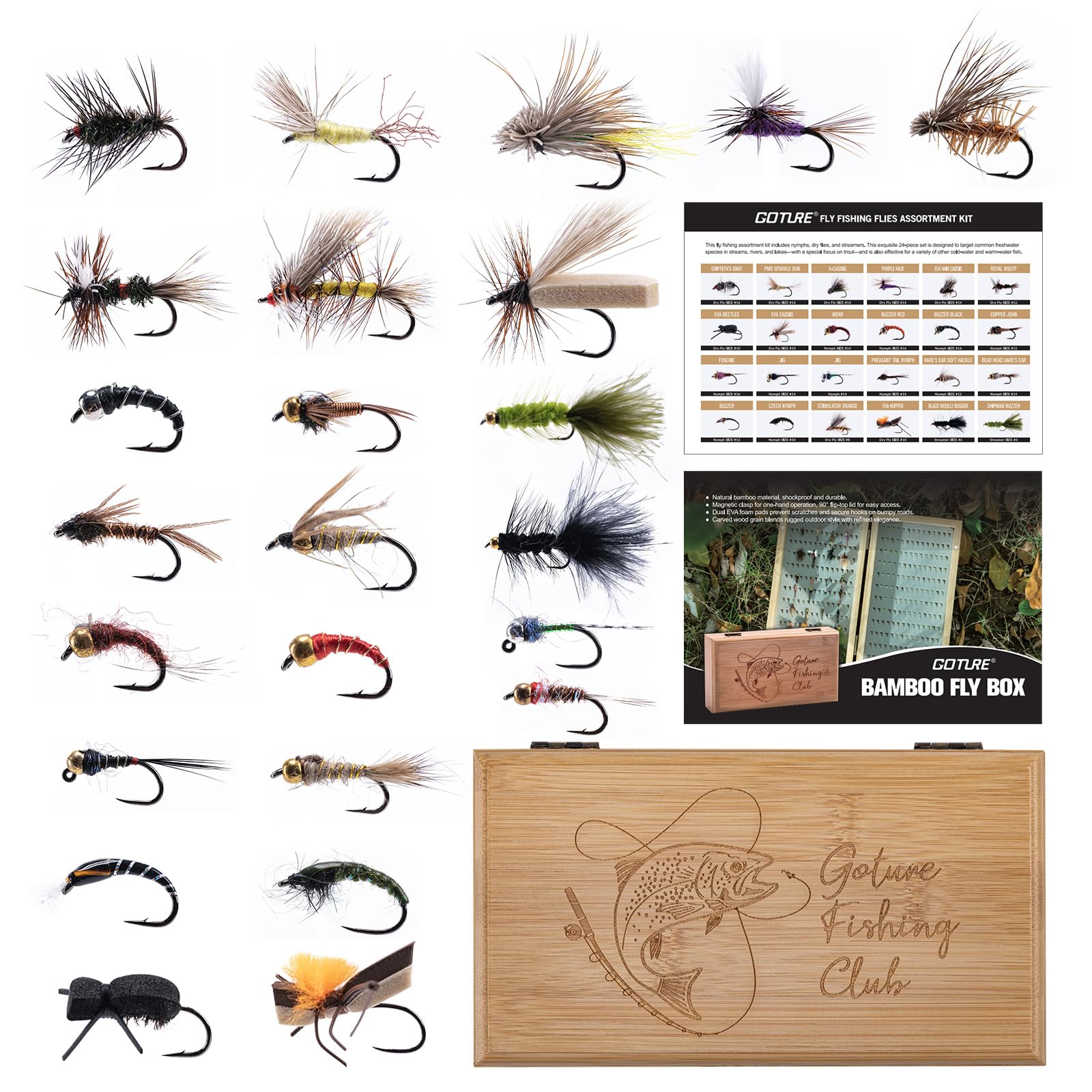 Goture Fly Fishing Flies Kit, 54pcs Dry Wet Flies Streamers Nymphs with Wooden Fly Box, Bass Trout Steelhead Salmon Lures Set Assortment Kit, Gifts for Men