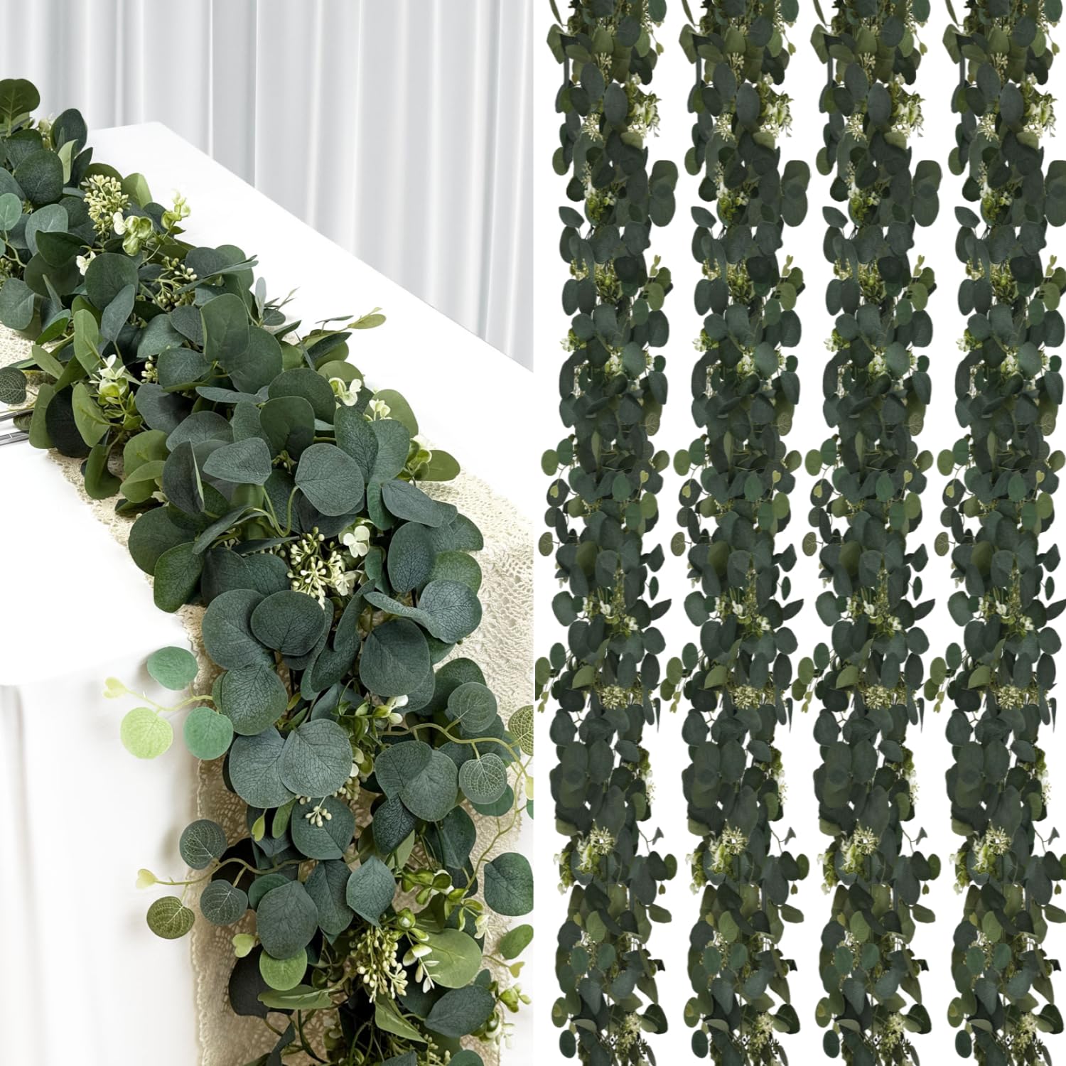 Eukalyptus-Girlande, grüne Girlande mit Blumen, künstliche grüne Reben für Tafelaufsätze, Hochzeit, Party, Tischläufer, Zimmer, Heimdekoration, 4 Stück