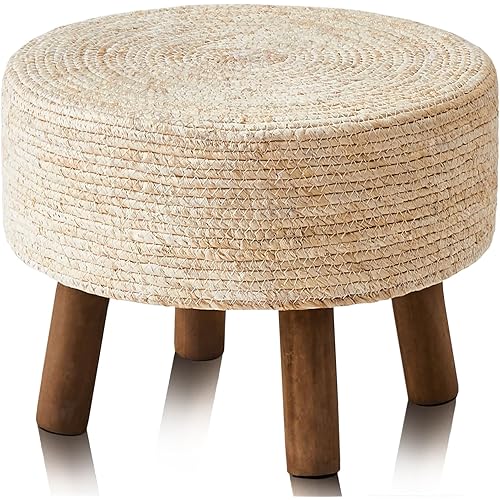 Wimarsbon Pouf Ottoman, Round Footstool with 4 Wood Legs, Handmade Natural Straw Footrest, Accent Vanity Chair, Multifunctional Modern Dressing Stool, Sofa Side Table for Bedroom (Natural Corn Husk)