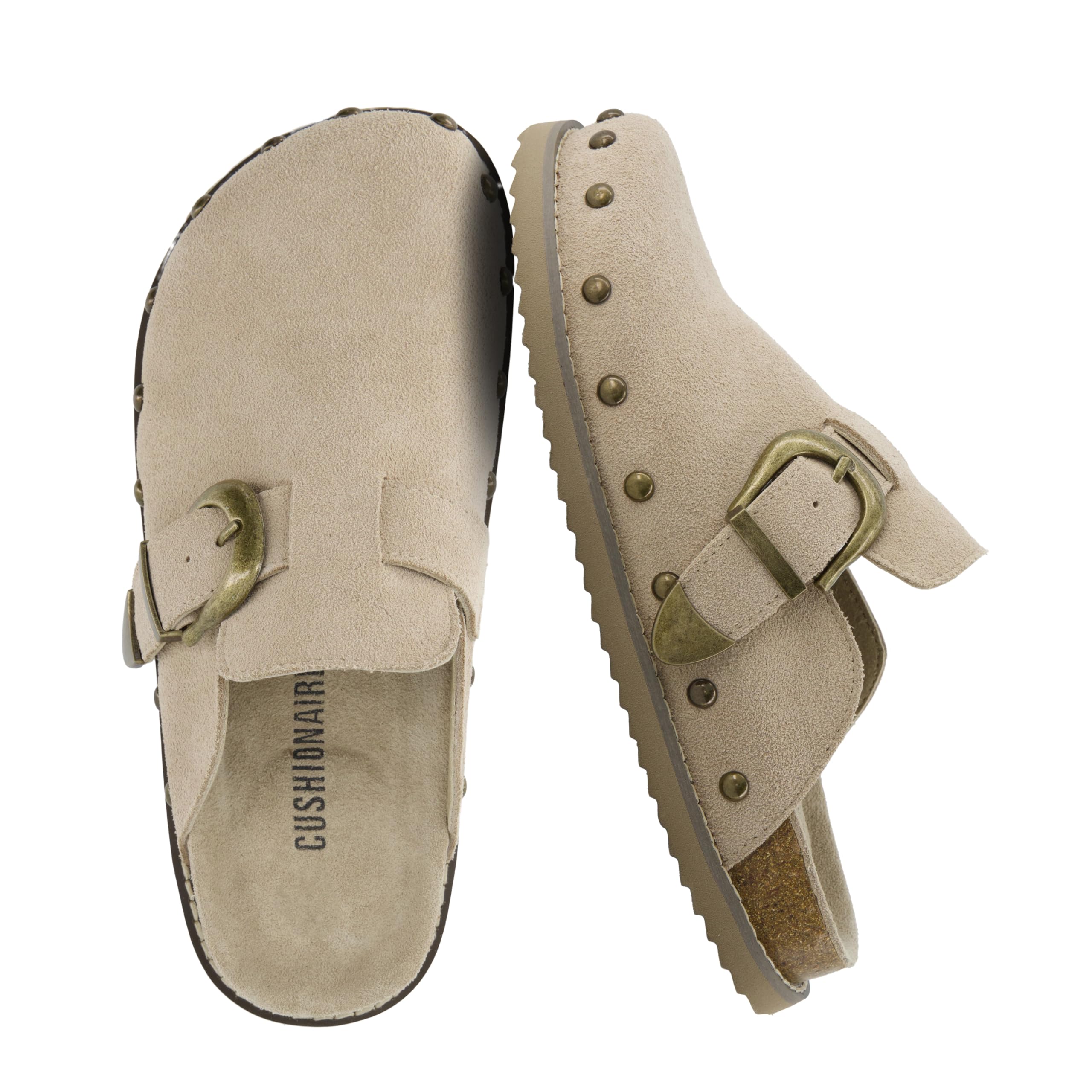 CUSHIONAIRE Bronco Slip On Mule Womens Shoes – Genuine Suede Leather Clogs with Adjustable Buckle and Studded Detailing, Stylish Fall Shoes for Women