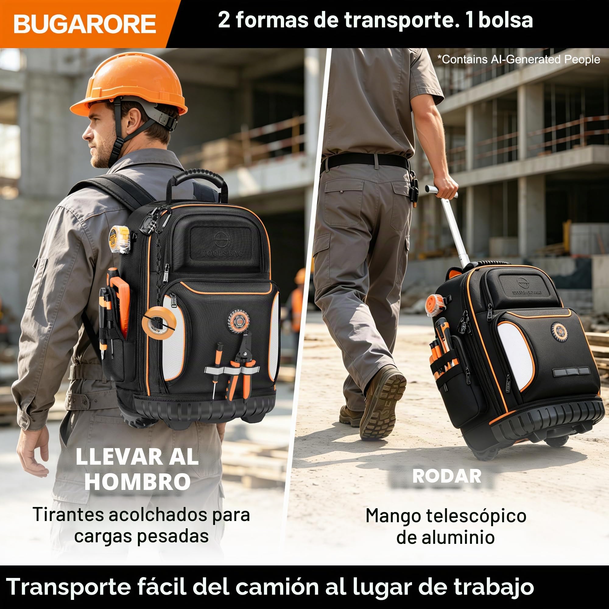 Mochila de herramientas con rueda, mochila de herramientas rodante para electricista, bolsa de herramientas resistente con ruedas para trabajos de construcción, 75 bolsillos y bucles, mochila de