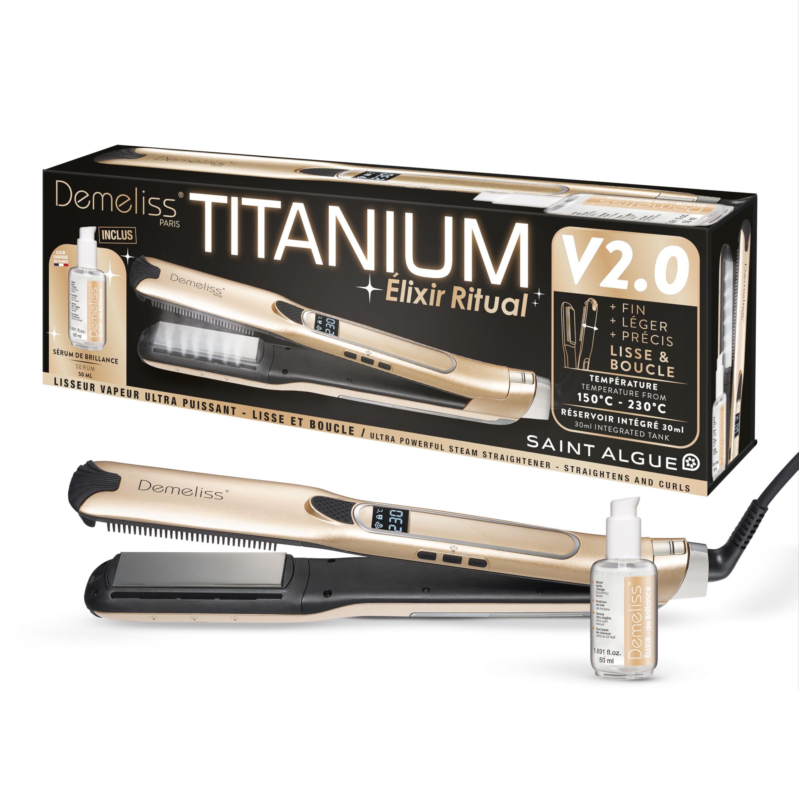 Demeliss Dampfglätter Titanium V2.0 Elixir Ritual – 5 Temperaturen – 30 ml Tank – dünne Platten – abnehmbarer Kamm – Digitaldisplay – Glätten, Locken, Pflege – Professionelles Zubehör