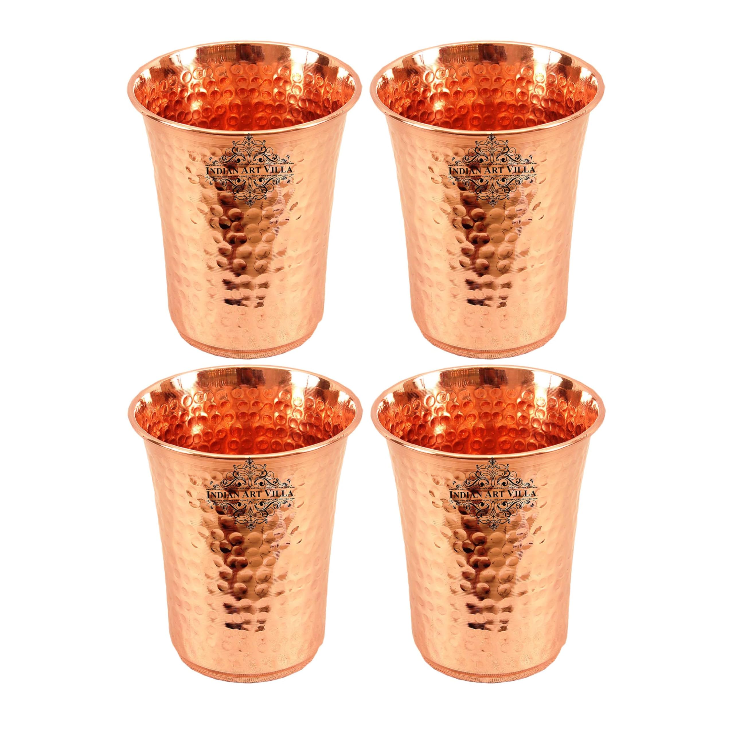 Indian Art Villa Pure Copper Glass Tumbler with Hammered Curve Design - Drinkware Home Hotel Restaurant Volume-19 Oz