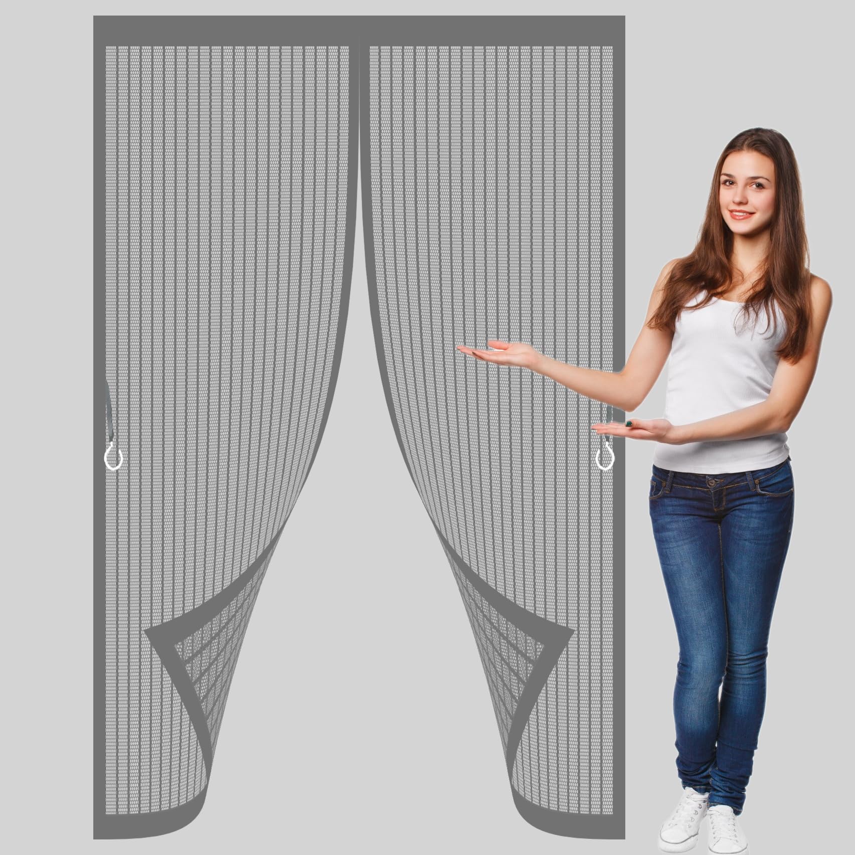 Fly Screens for Doors 140 x 135 cm with Powerful Magnets & Full Frame Magic Tape No Gap, Lets Fresh Air in, Keep Bugs Out Patio Door Nets Insect Mesh for Patio Doors Bedroom, Grey