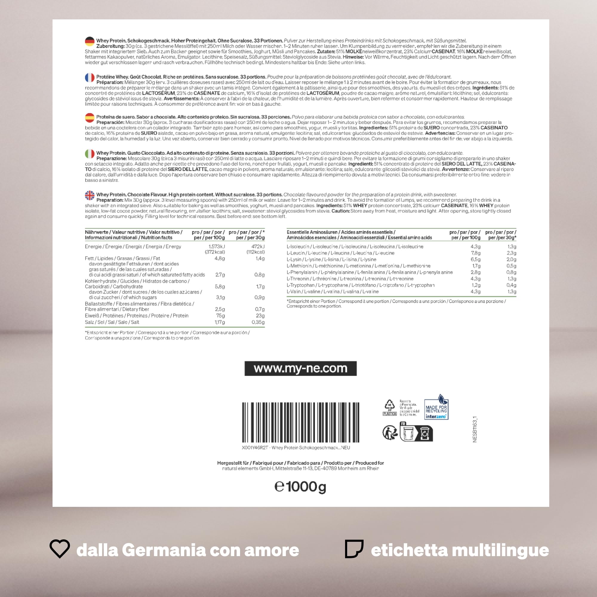 Polvere Whey Protein – cioccolato – 1 kg – 23 g di proteine per porzione – per il tuo sviluppo muscolare, ad alto dosaggio – prodotto e testato in laboratorio in Germania