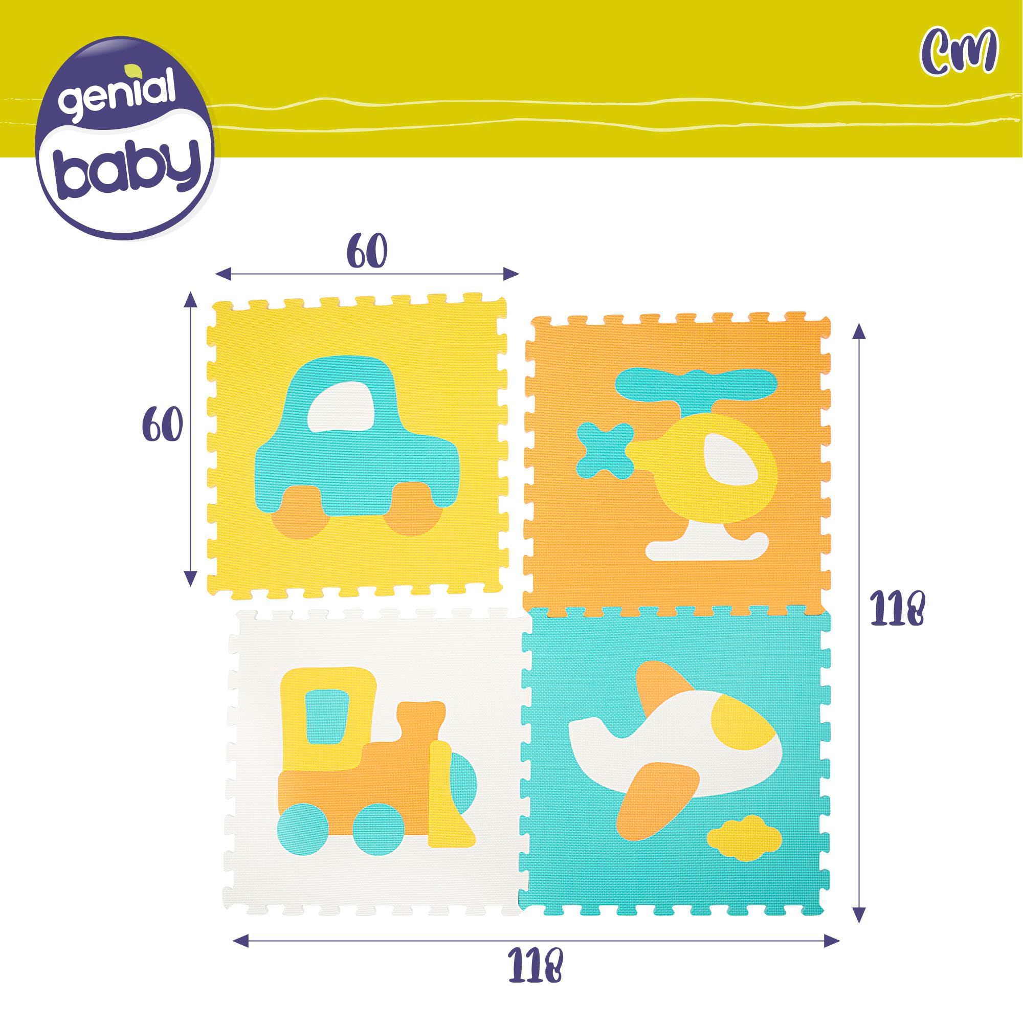 Colorbaby Alfombra Puzzle bebé, 4 Piezas puzle Suelo vehículos, No tóxica, 118x118 cm, Tapete Acolchado bebés, Gomaeva Infantil, Rompecabezas de Goma eva, Alfombrilla Juego niños, +10 Meses, 47156