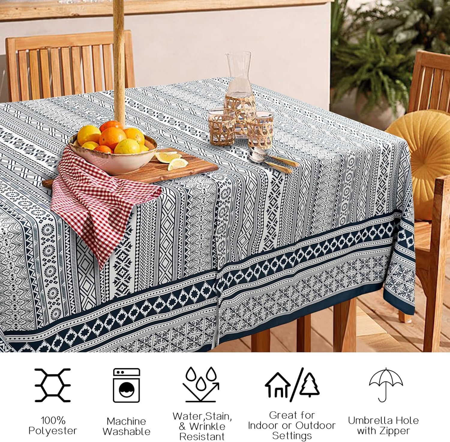 120 in patio table covers with umbrella hole Virtumob Outdoor Tablecloth and Zipper, Rectangle for Spring/Summer, Machine Washable Outdoor Picnic Table Cloth (Boho, 60