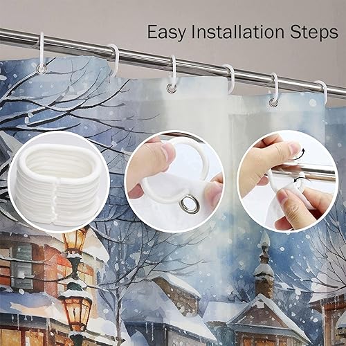 Miniatura 4 de Bayson Divertida cortina de ducha con diseño de gato con diseño de tiburón, olas azules sobre fondo de madera blanca, tela de poliéster impermeable,