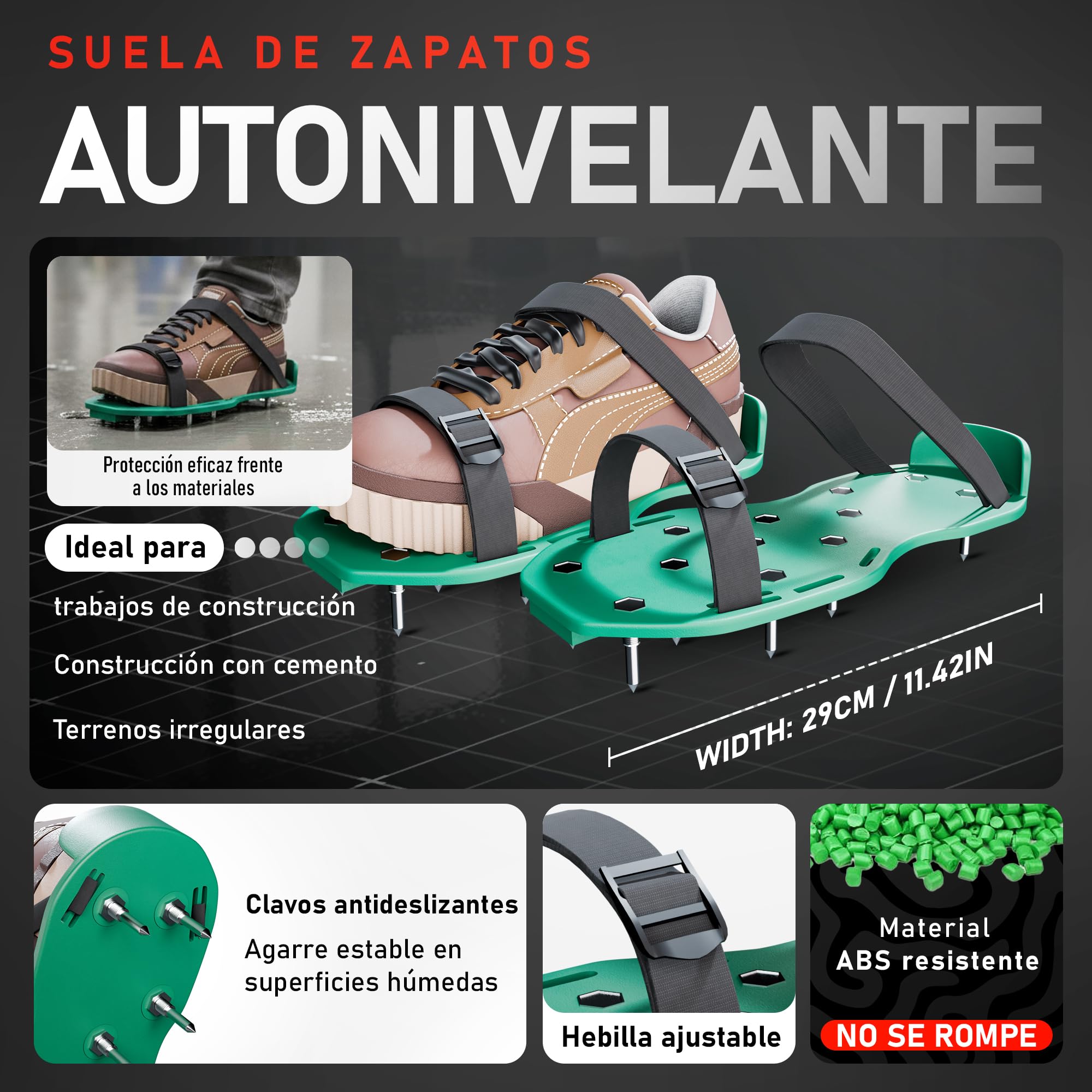 Kit de Autonivelante para Suelo de Cemento | Incluye Rodillo de Púas 11mm, Rascador nivelador de Acero Inox, Suela de Zapatos con Clavos, Palo Telescópico, Rodillos, Espátula y Guantes