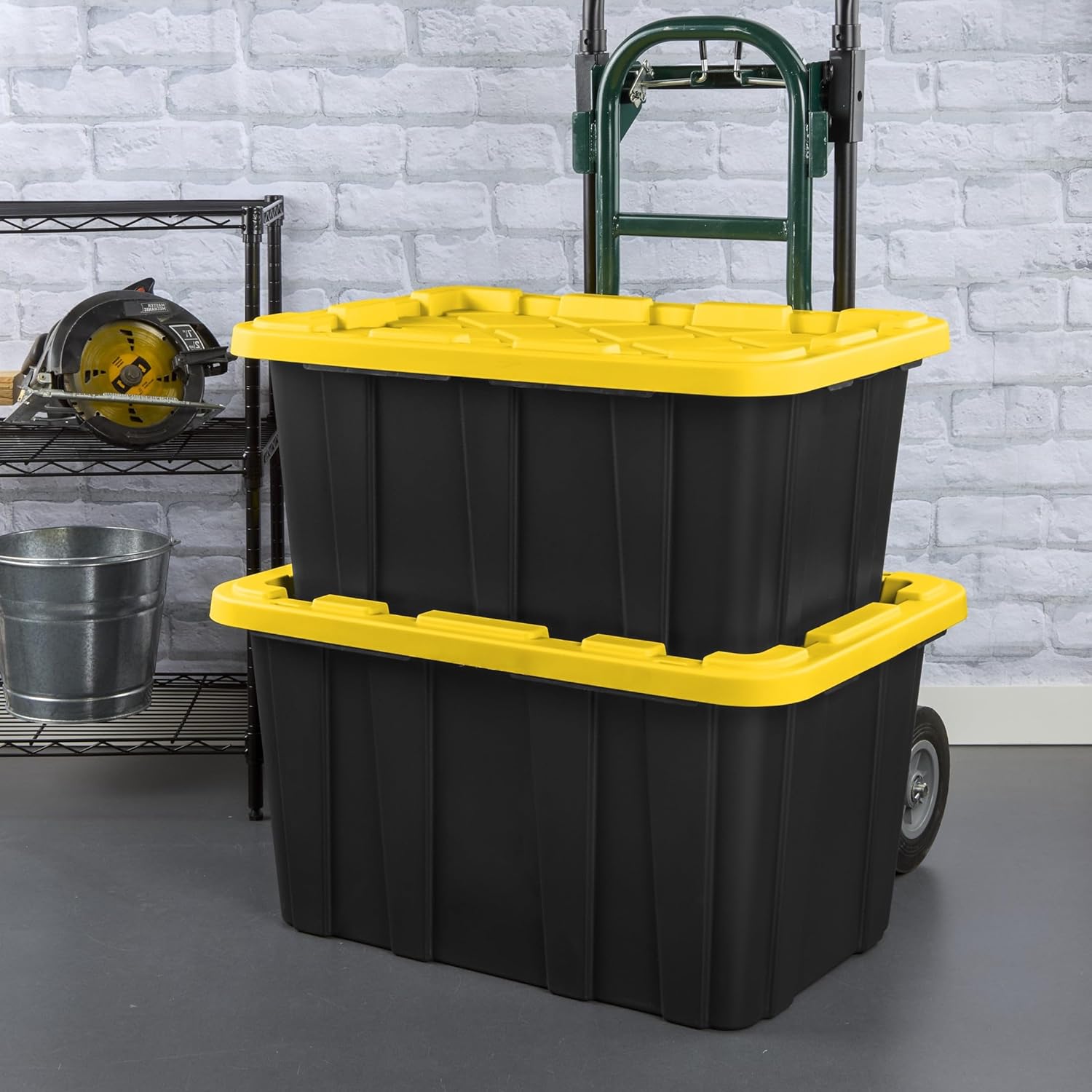 6-Pack 27-Gallon Heavy Duty Storage Bins, Stackable Plastic Container with Snap Lid, Organizer Tote for Garage, Attic, Closet, Basement, Truck Bed - Black and Yellow