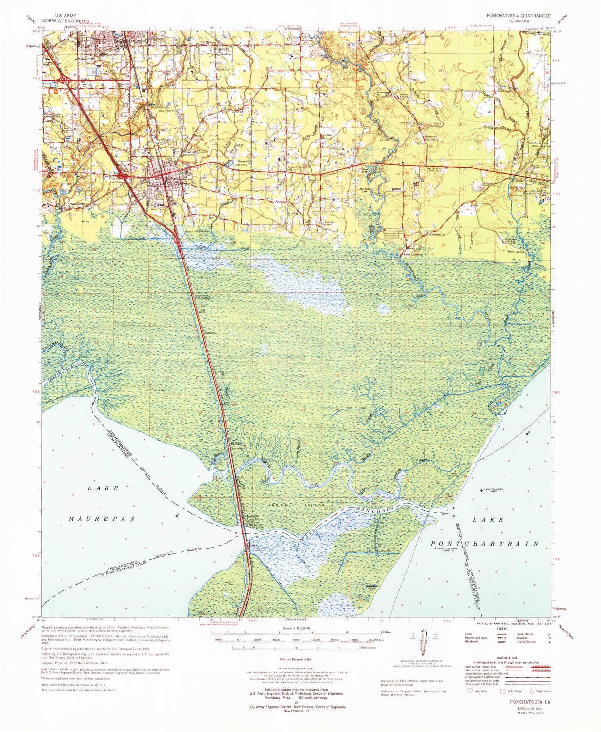 Ponchatoula LA topo map, 1:62500 Scale, 15 X 15 Minute, Historical, 1969, Updated 1971, 21.8 x 17.9 in