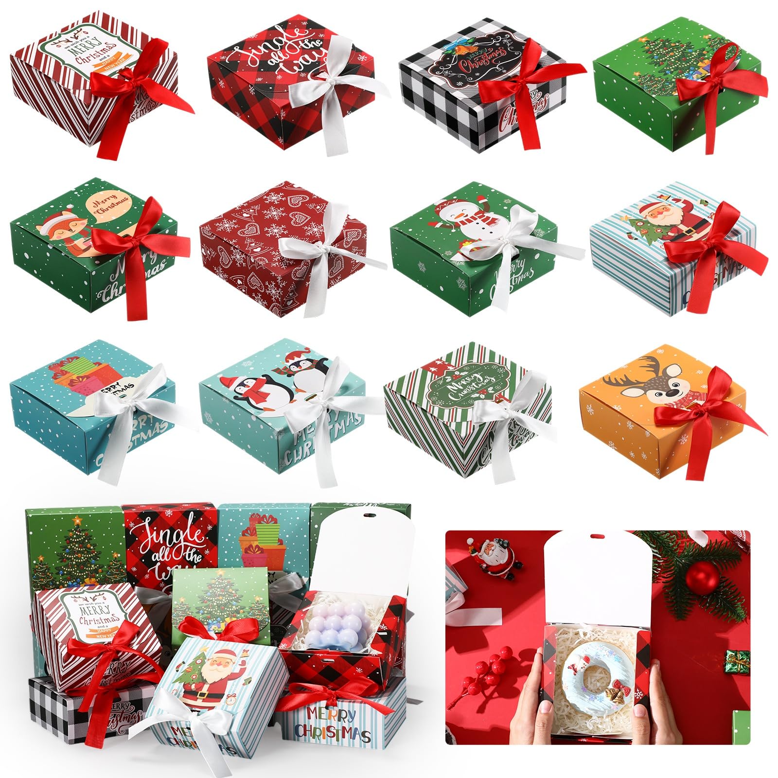 Cholemy 60 Stück Weihnachts-Geschenkboxen mit Deckel, 11,4 x 11,4 x 4,95 cm, Keksboxen mit Schleife, leere Brautjungfernboxen für Weihnachten, Antrag, Urlaub, Geschenkkarte, Schokolade, Basteln,