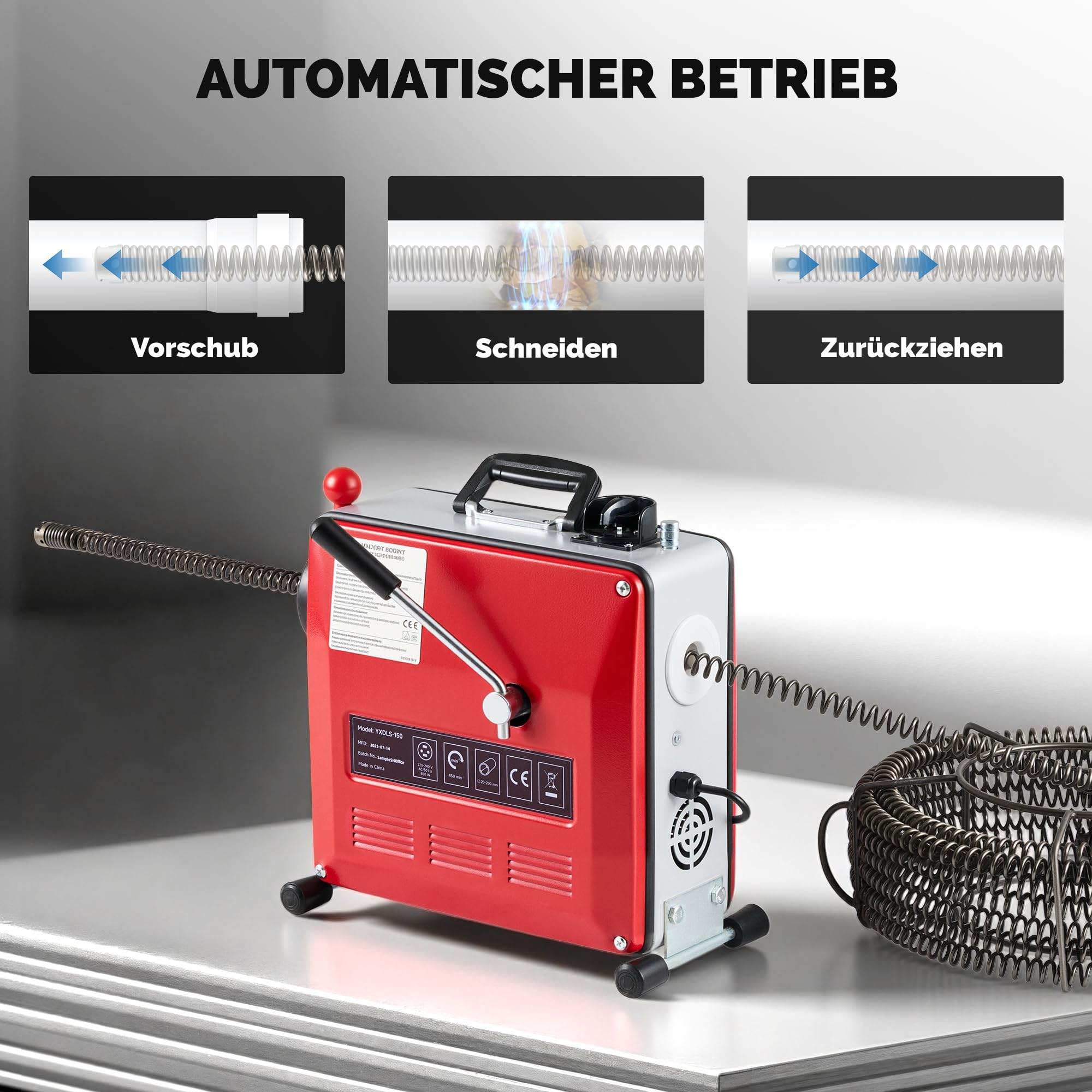 ZELCAN Rohrreinigungsgerät elektrisch, 850W Motor, 6 Aufsätze, Spiralen mit 10/16/22 mm Durchmesser, 450 U/min, passend für Rohre von 20–200 mm, ideal für Abwasserrohre, Toiletten und Kanalsysteme