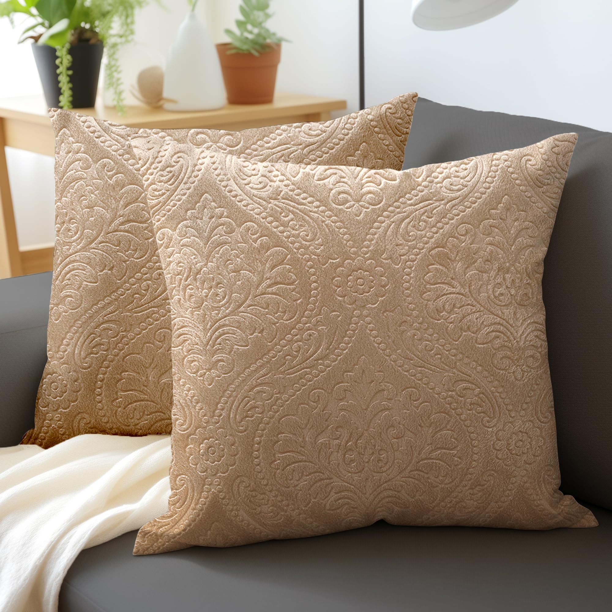 Encasa XO Luxury Embossed Velvet Cushion Covers - Plush Throw Pillow Covers For Elegant Living Rooms & Bedrooms, Machine Washable, 40X40 Cm Beige | Set Of 2 | Covers Only No Insert, 120 TC