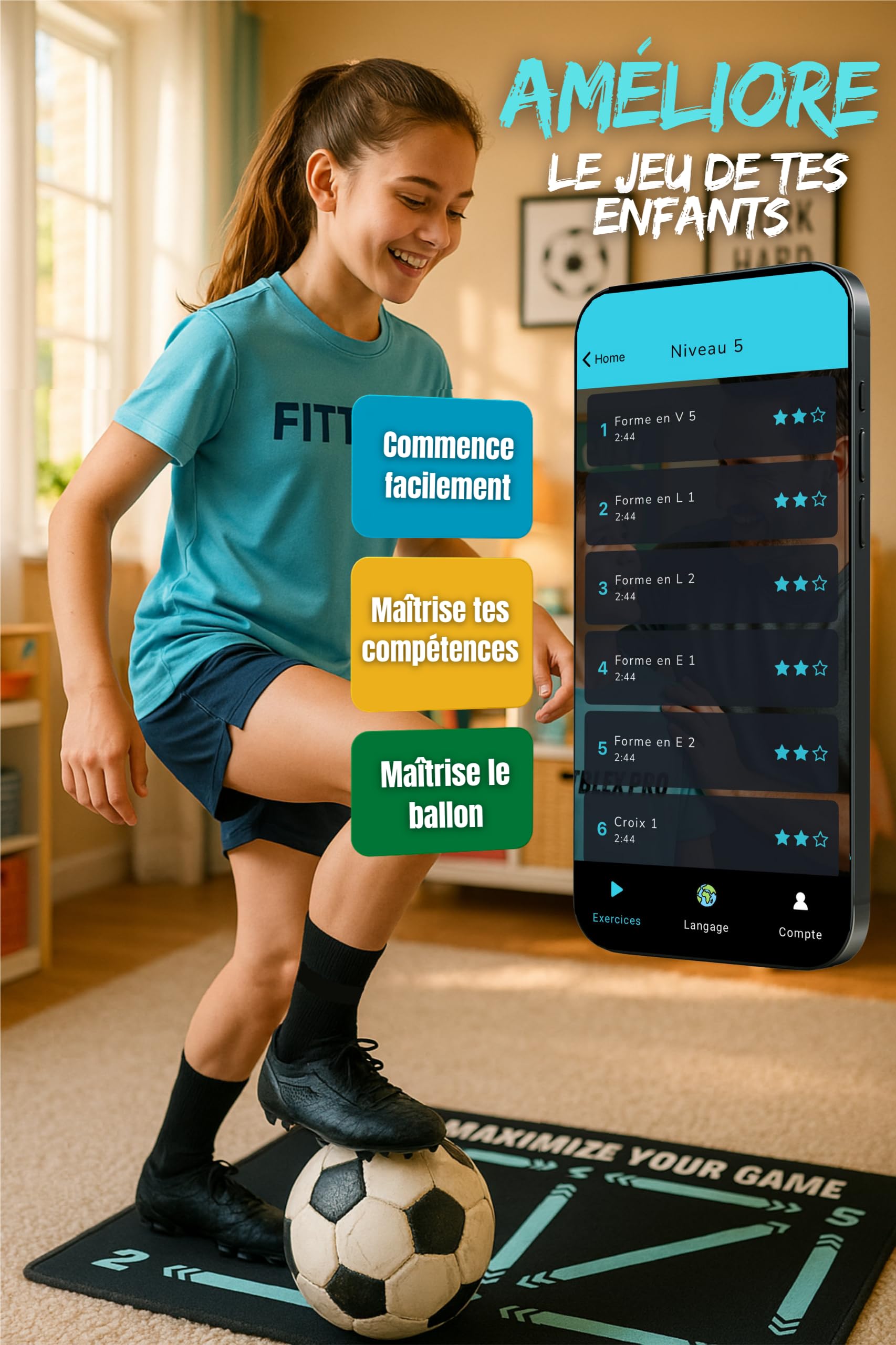 Tapis Entrainement Foot – Inclut une Application d’Entraînement avec Vidéos Interactives et Programmes Progressifs + Chaussettes Antidérapantes, Sac de Transport et Boîte Premium pour Cadeau