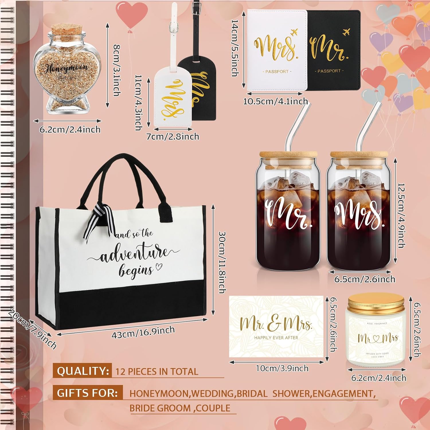 12 Pcs Wedding Honeymoon Gifts for Couple Mr Mrs Bridal Shower Engagement Gifts with Glass Adventure Book Scrapbook Passport Holder Baggage Tags Jar Tote Bag