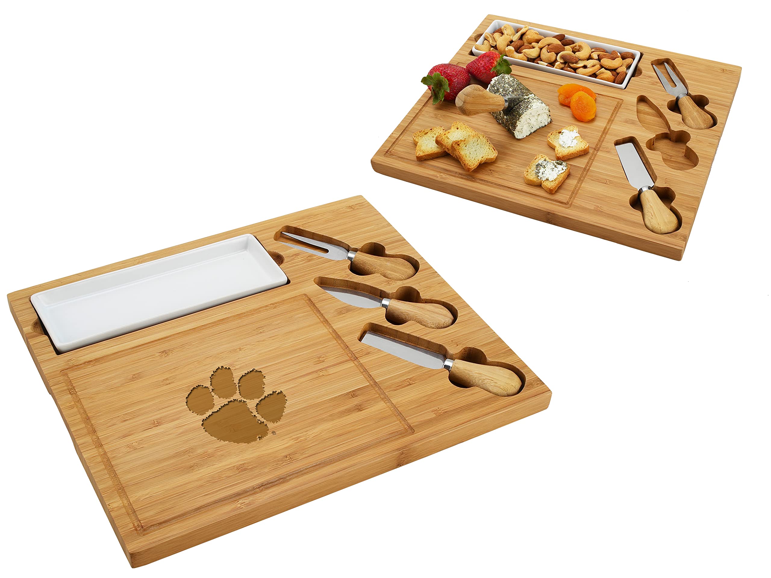 NCAA Clemson Tigers Officially Licensed Bamboo Cheese/Charcuterie Board with knife Set & cheese Markers by Picnic at Ascot