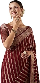 AKHILAM Women's Woven Design Leheriya Georgette Kanjeevaram Saree With Unstiched Blouse Piece (Maroon_ARYA1102_FL.)