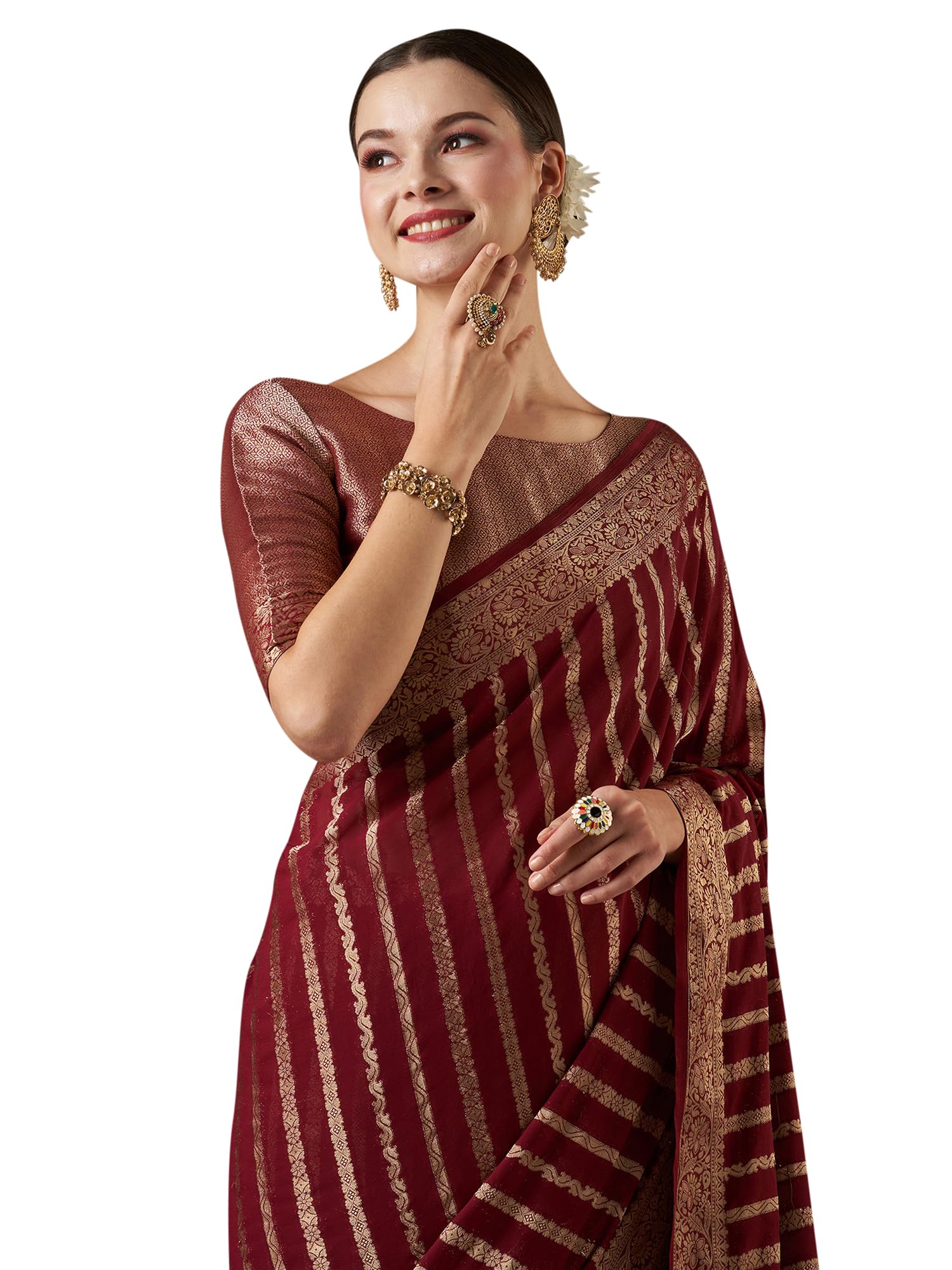 akhilam Women's Woven Design Leheriya Georgette Kanjeevaram Saree With Unstiched Blouse Piece (Maroon_ARYA1102_FL.)-picture-12