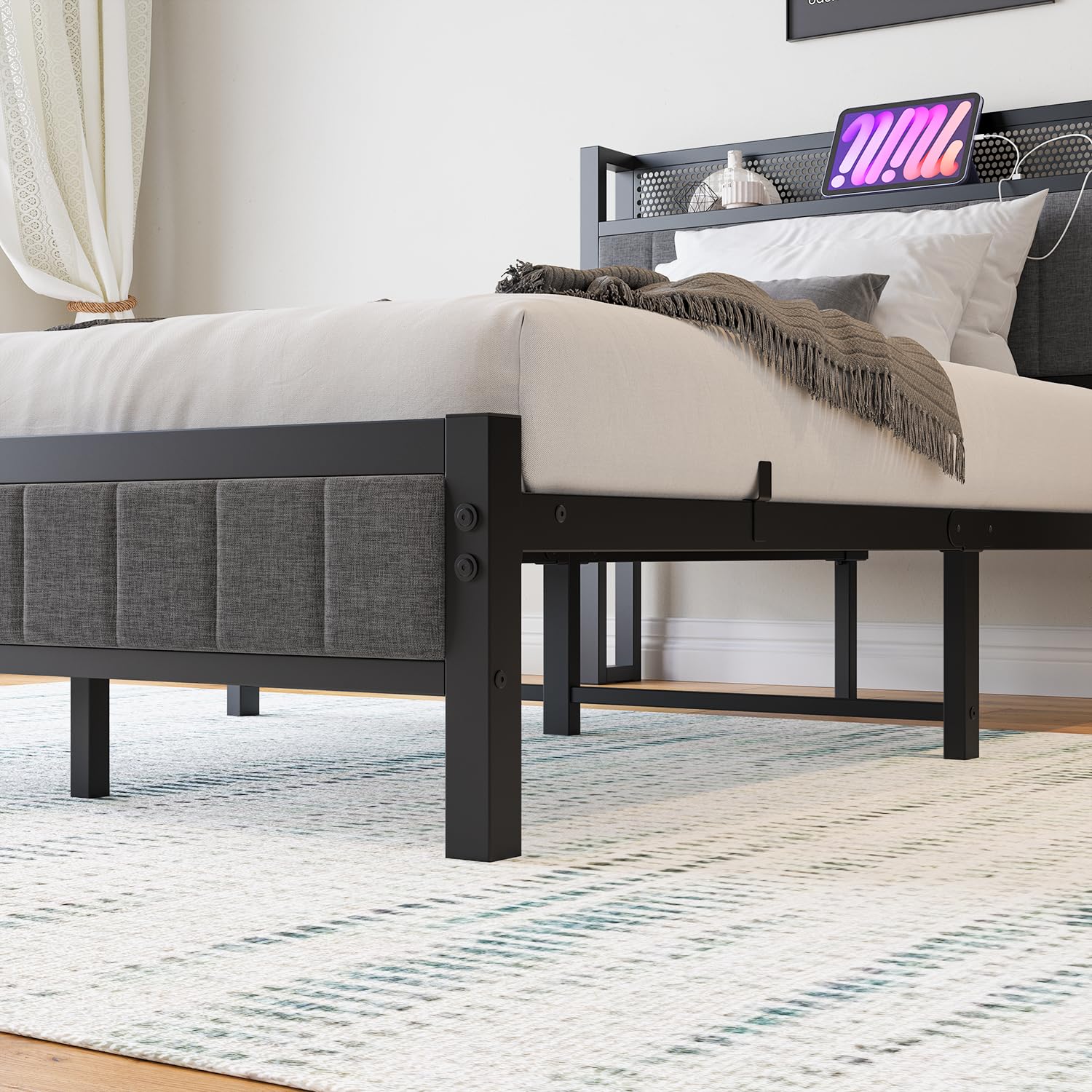 Struttura per letto matrimoniale/singolo con stazione di ricarica - Letto aggiuntivo in metallo - 120 x 200 cm - Per camera - Grigio
