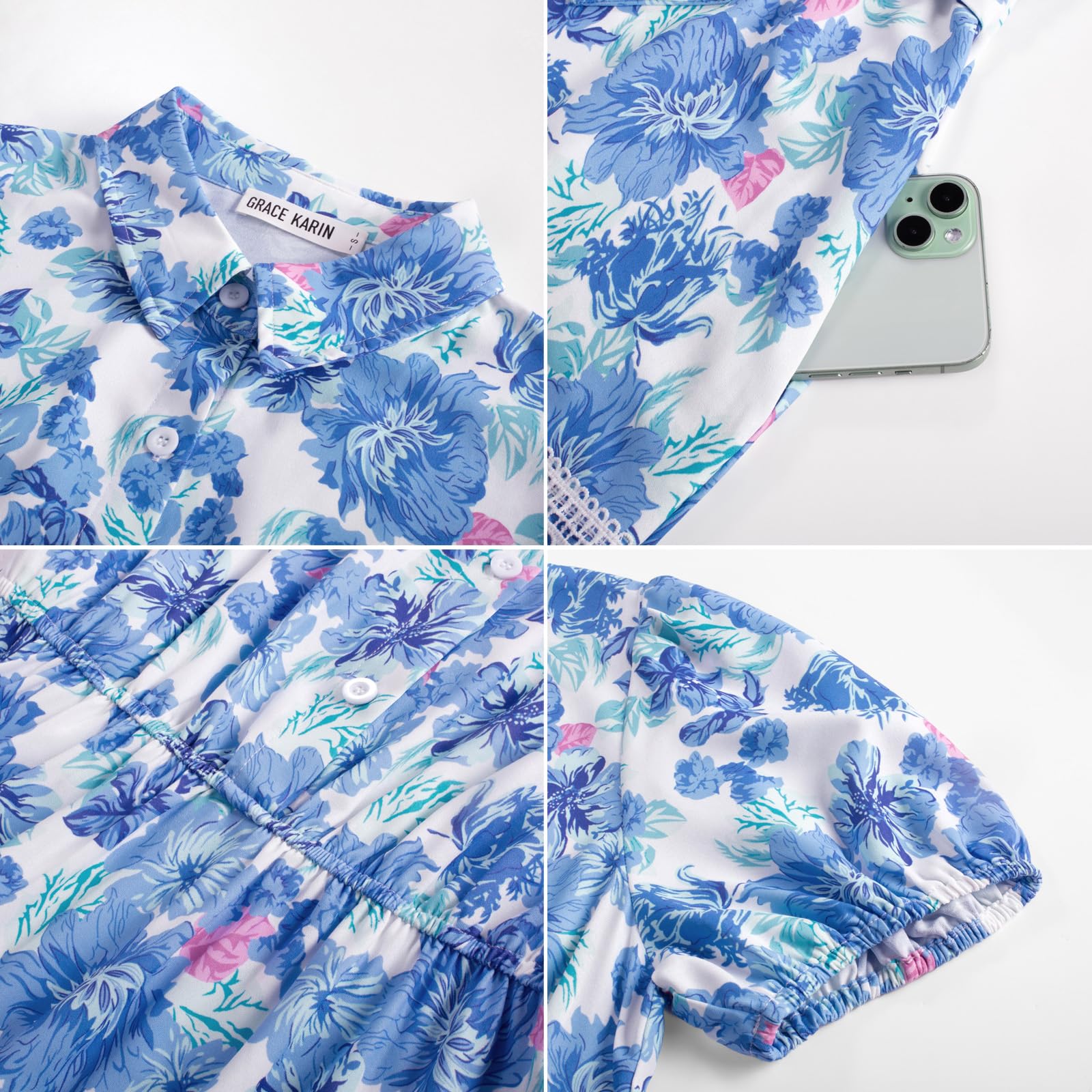 GRACE KARIN Women's 2026 Summer Floral Flowy Dresses Boho Tie Belt Short Puff Sleeve A Line Maxi Shirt Dress with Pocket