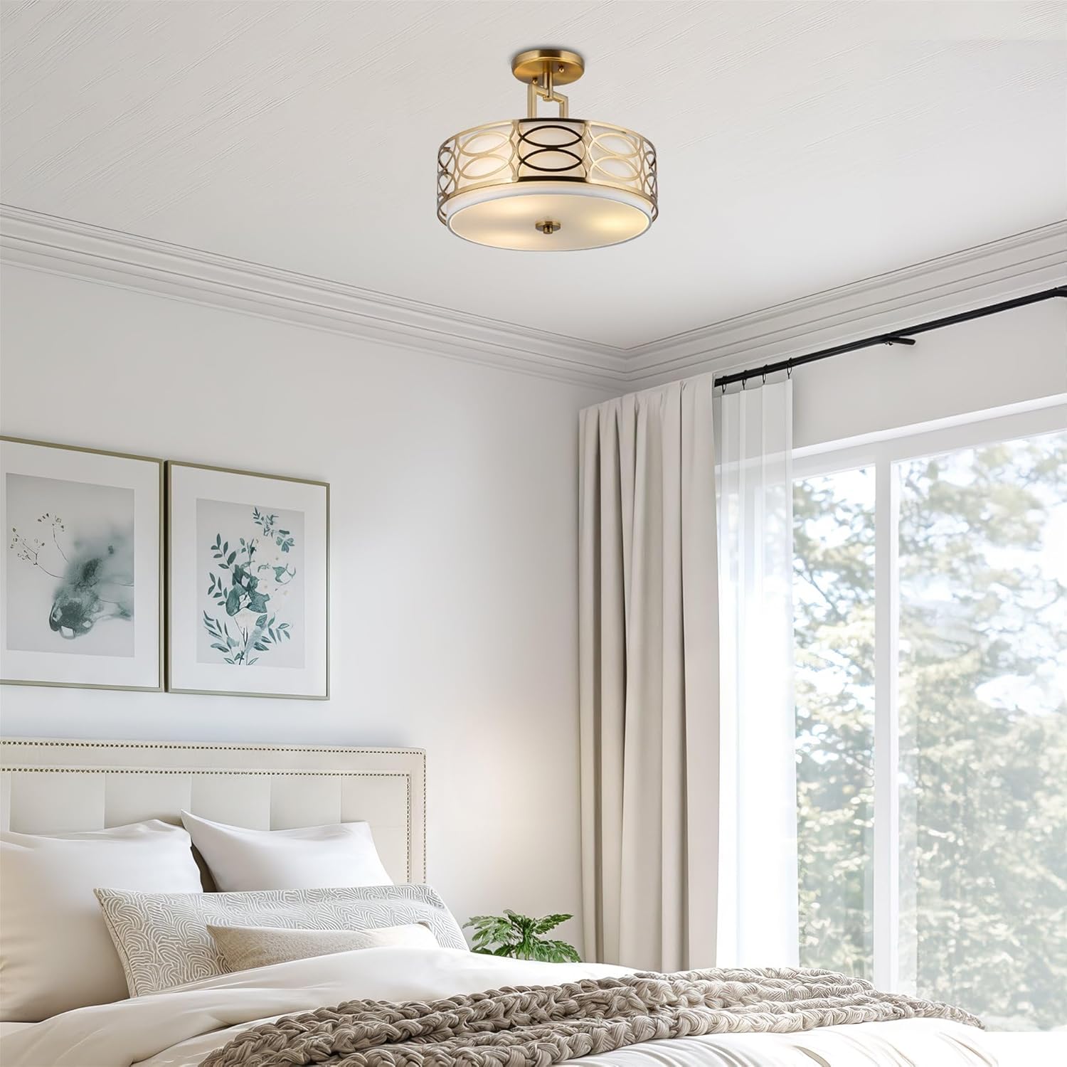 Kira Home Sienna 15" 3-Light Semi Flush Mount Ceiling Light, White Fabric Shade + Glass Diffuser, Cool Brass Finish