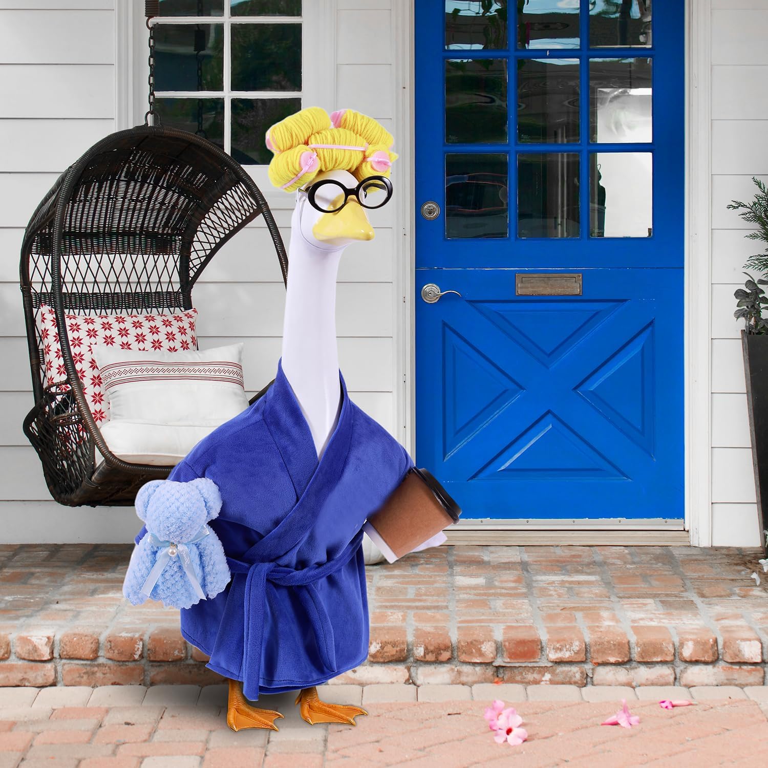 Lady Porch Goose Outfits,Bathrobe Porch Goose Statue Costume with Curlers Reading Glasses Coffee Cup Towel,Cute Goose Clothes for 23-Inch Cement or Plastic Statue,Lawn Yard Garden Patio Decor(Purple)